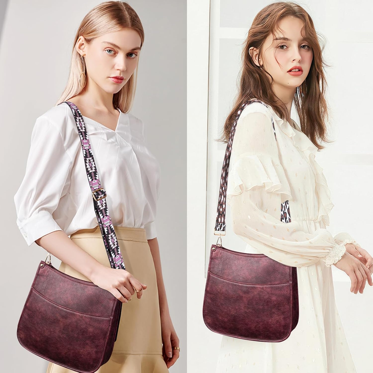 Viva Terry Crossbody Bags for Women Trendy Vegan Leather Shoulder Bag with 2 Adjustable Guitar Strap(Dark Red) - Image 2