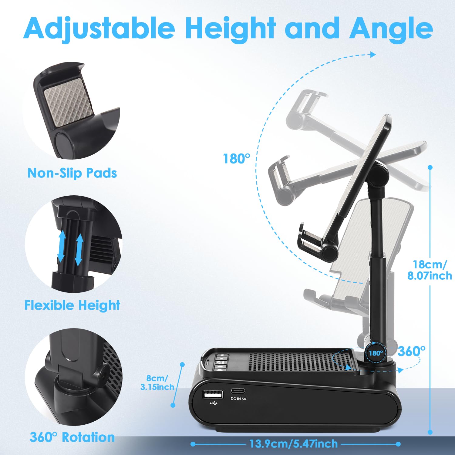 Soporte ajustable multiángulo para teléfono móvil con altavoz Bluetooth integrado, adecuado para uso doméstico y exterior, fácil de llevar, con base antideslizante, un regalo de cumpleaños