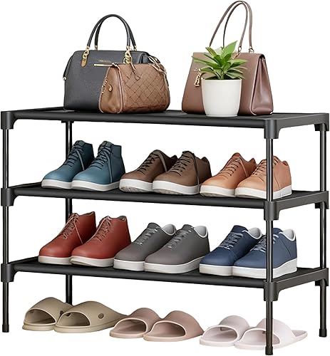 LOFTEY Zapatero no tejido de 3 niveles, organizador apilable para armario, puerta delantera y entrada, 28 pulgadas de ancho, color negro