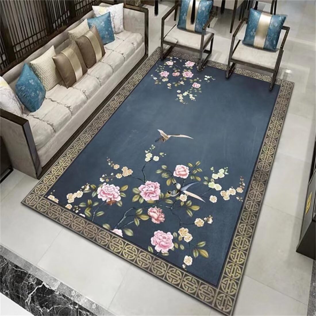 Grand tapis extérieur et intérieur style art déco floral comme descente de lit chambre adulte 60x90