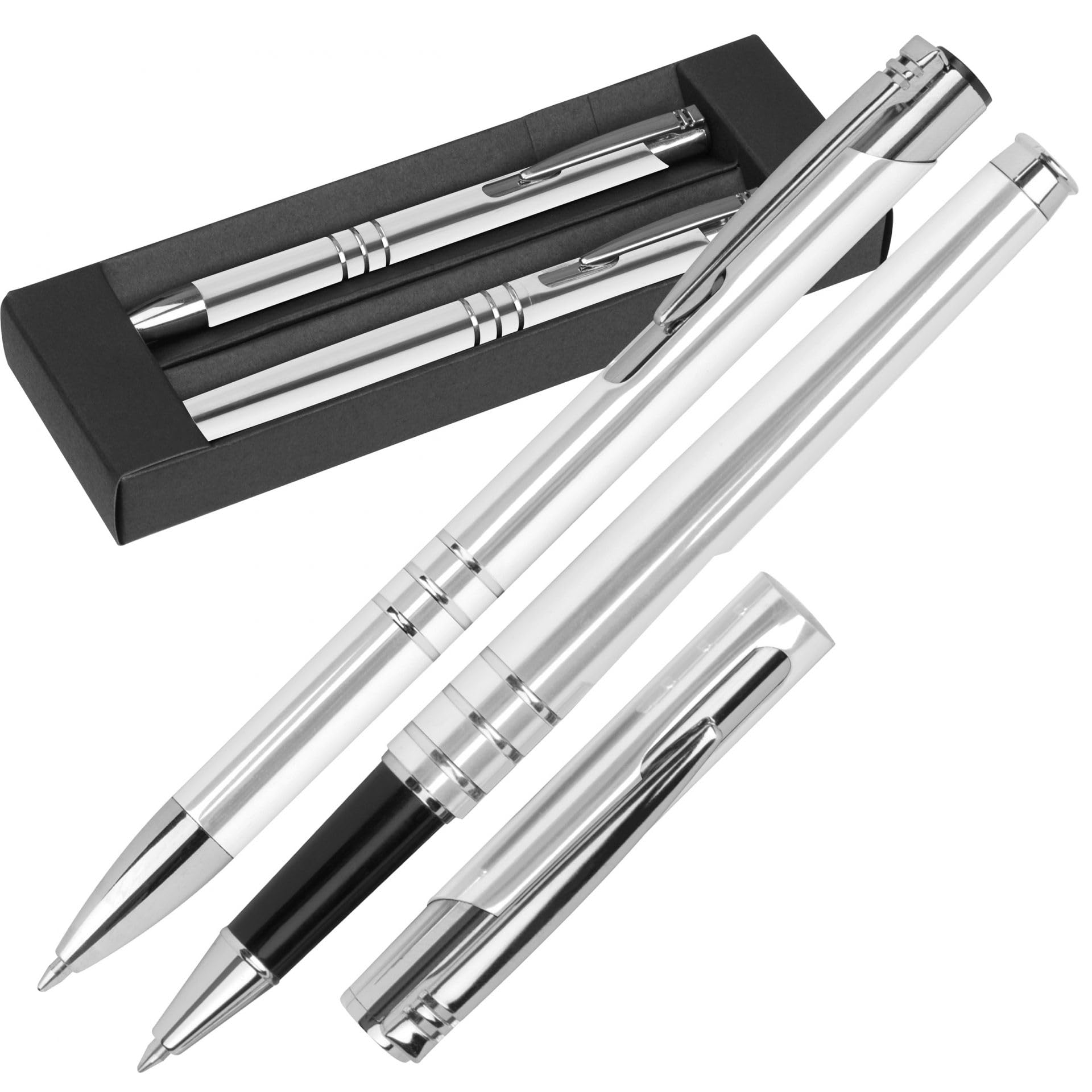 50x Hochwertiges Metall-Schreibset – Kugelschreiber & Rollerball mit blau schreibender Mine – Elegantes Design im schwarzen Etui – Erhältlich in Blau, Rot, Schwarz & Weiß