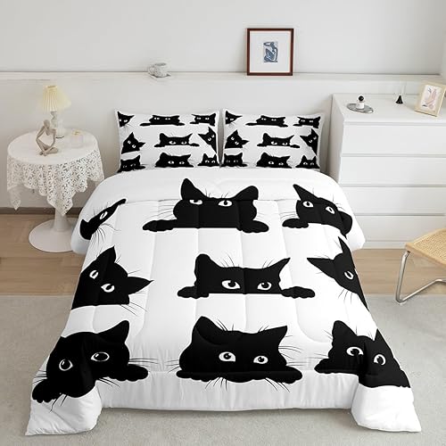 Juego de edredón de 3 piezas de gato negro para niños y niñas, edredón con estampado de gatos tamaño matrimonial, juego de ropa de cama Kawaii con 2
