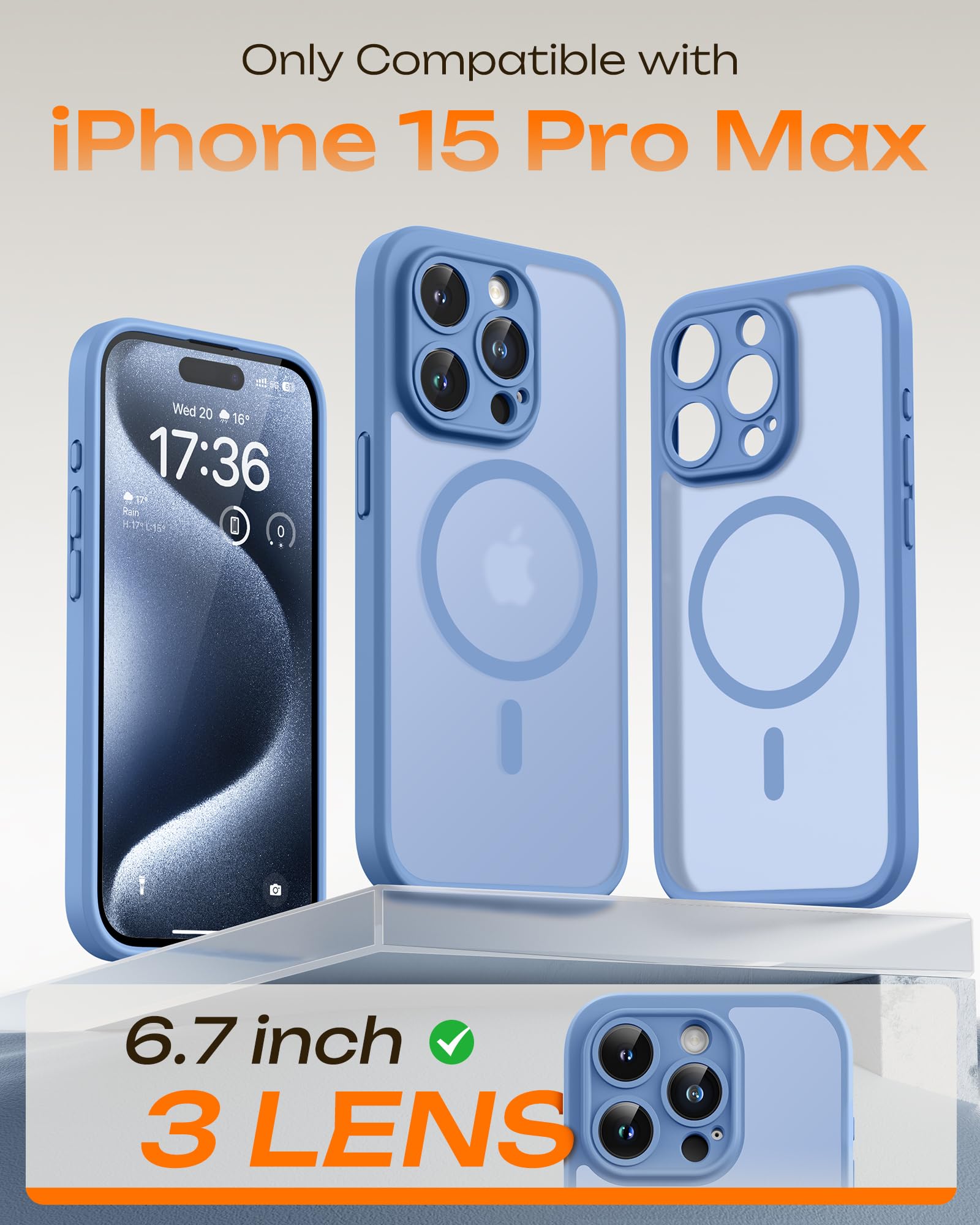 TOCOL Cover Magnetica per iPhone 15 Pro Max 6,7 Pollic, Compatibile con MagSafe, Protezione Fotocamera Integrata, Custodia Antiurto Traslucida Opaca, Blu Chiaro