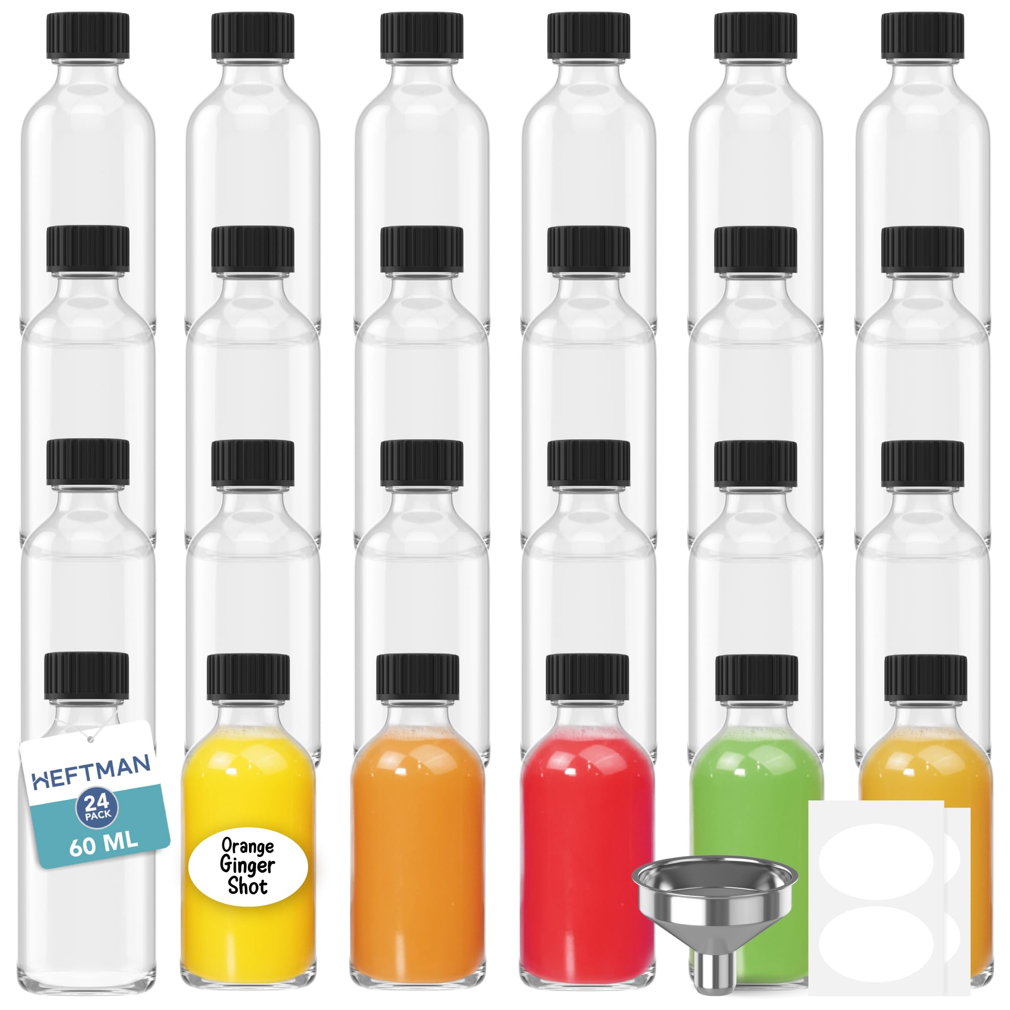 HEFTMAN 24 Bottigliette Vetro 60ml Con Tappo E 3 Imbuti - Perfette Per Shot Di Zenzero, Liquori E Oli - Kit Completo - 2