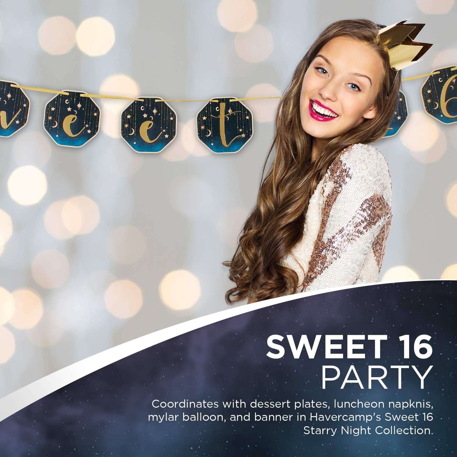 Flash Deals - 70% OFF Starry NightSweet 16 Birthday Ribbon Banner (Gold and Midnight Blue, Foil Prints) Starry Night Party Collection by Havercamp