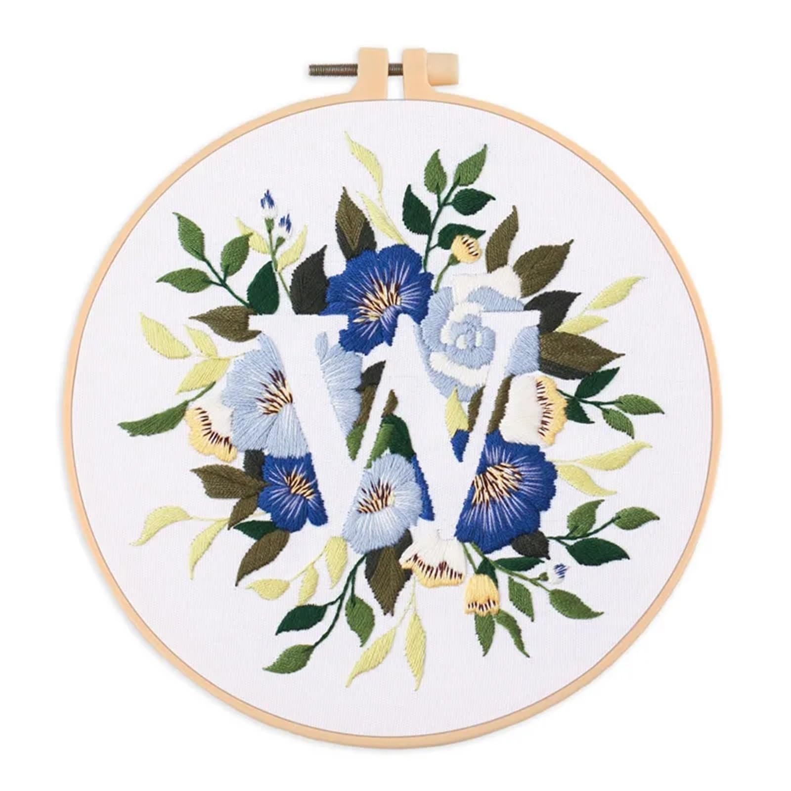 LNJMRU Floral Embroidery Kit for Beginner and Adults Cross Stitch Kits Embroidery Starter Kit with Initial Letter and Flower Pattern(Color-W,with 20cm