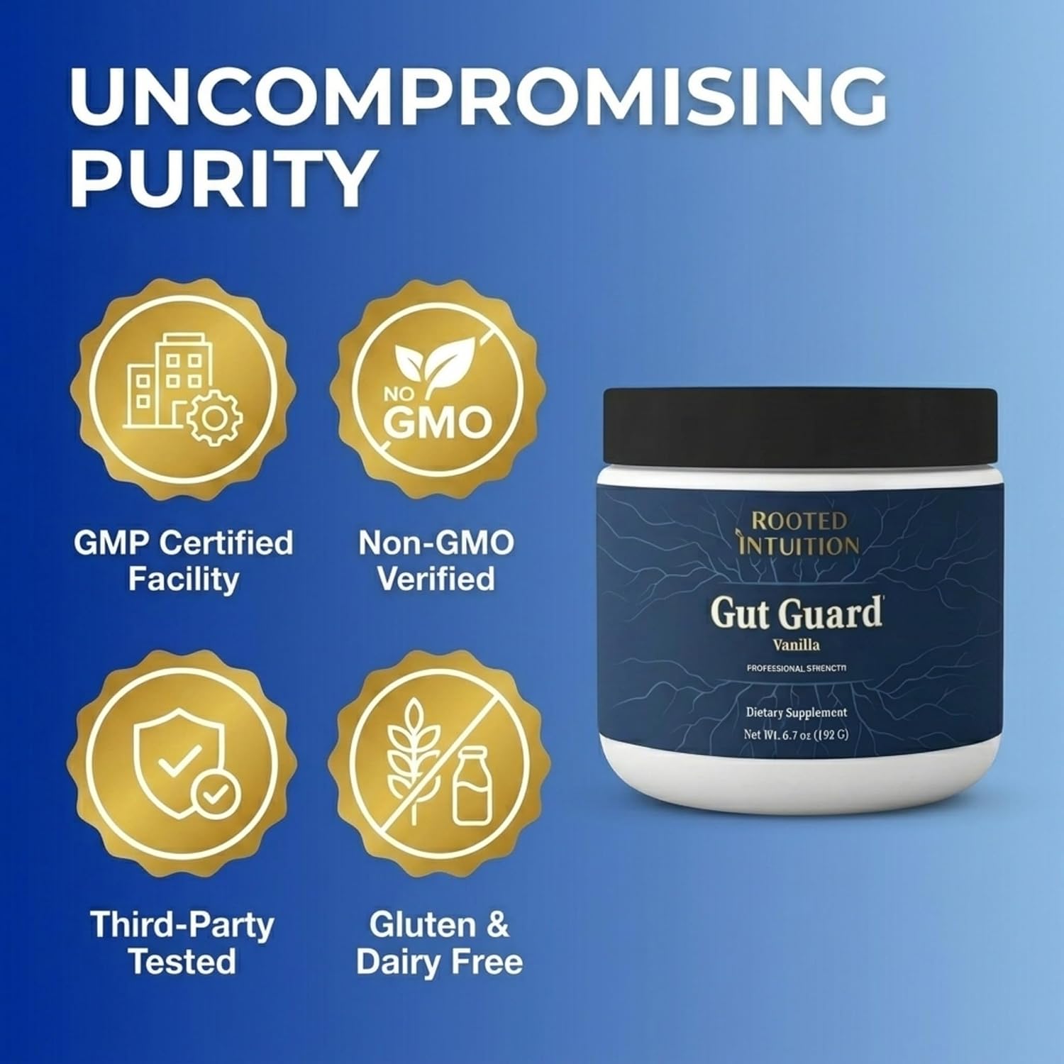 Rooted L-Glutamine Powder for Digestive Health - Leaky Gut Repair Support, Digestive Wellness Formula -Stomach & Intestinal Balance, Amino Acid Supplement for Stomach Comfort, Vanilla Gut Guard 6.7oz