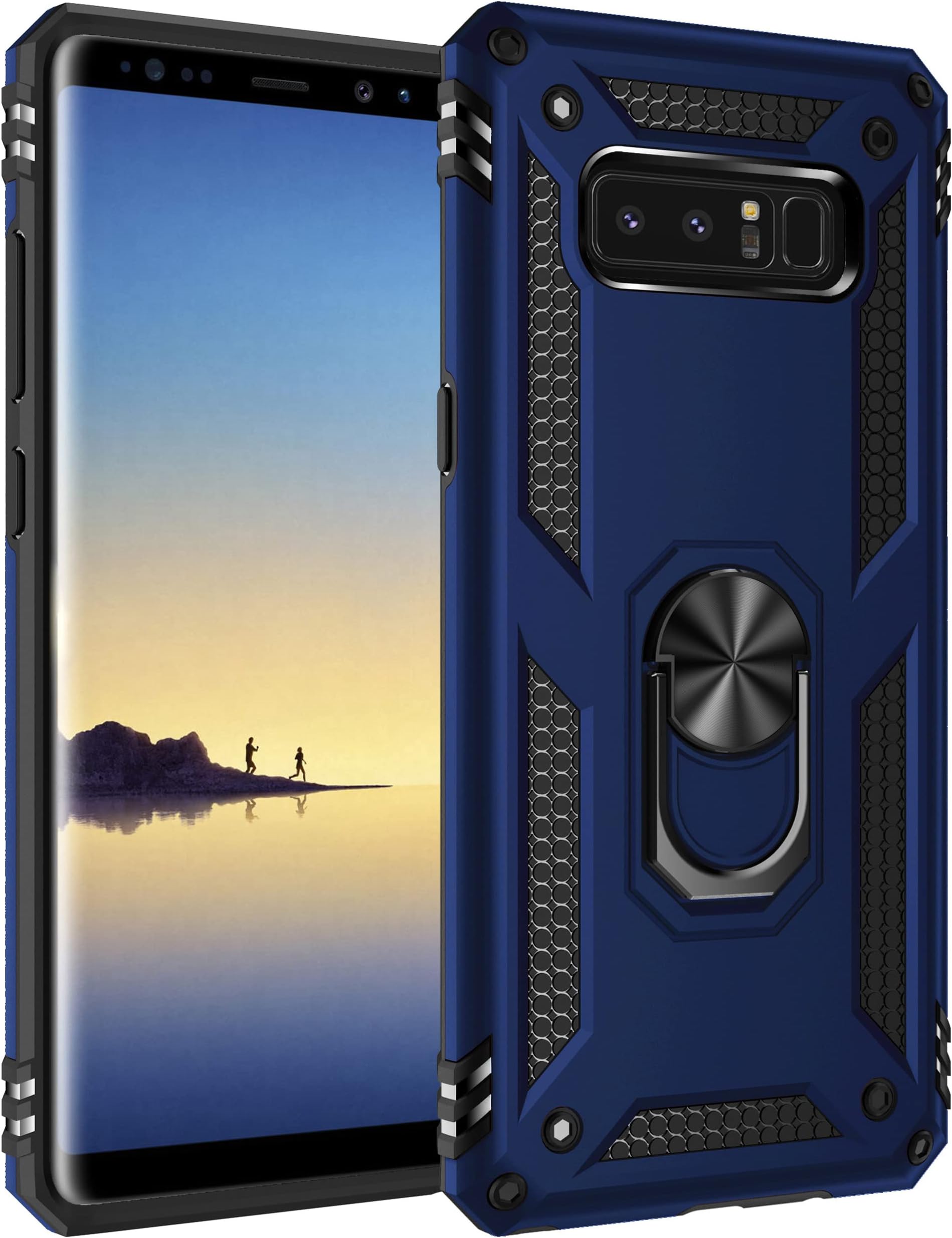 Military Grade Drop Impact for Samsung Galaxy Note 8 Case 360 Metal Rotating Ring Kickstand Holder Built-in Magnetic Car Mount Armor Shockproof Cover for Galaxy Note 8 Protection Case (Blue)