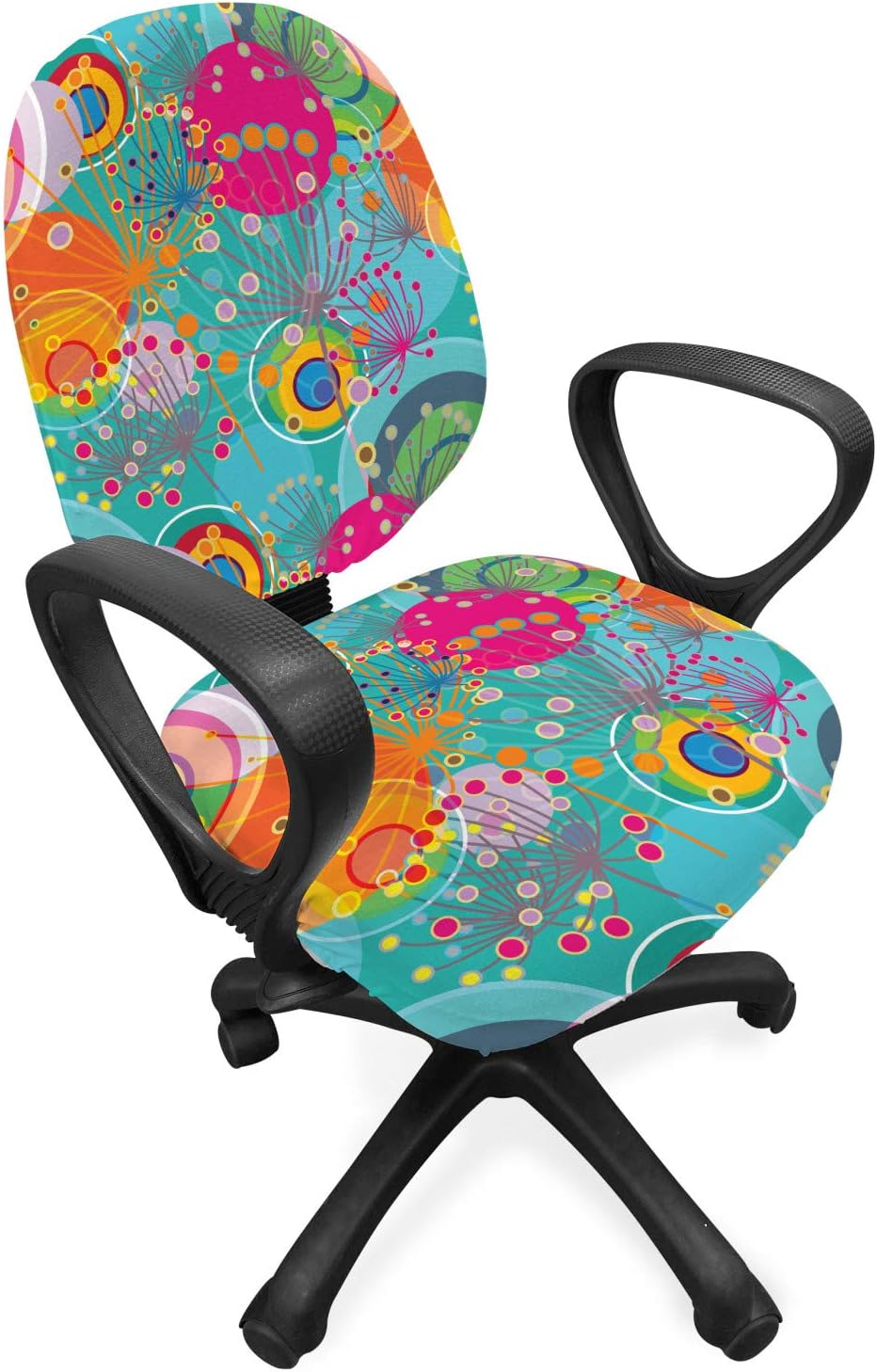 Ambesonne Floral Office Chair Slipcover, Dandelions Flowers Circles Vibrant Spring Sun Rays Girls Concept, Protective Stretch Decorative Fabric Cover, Standard Size, Turquoise Pink