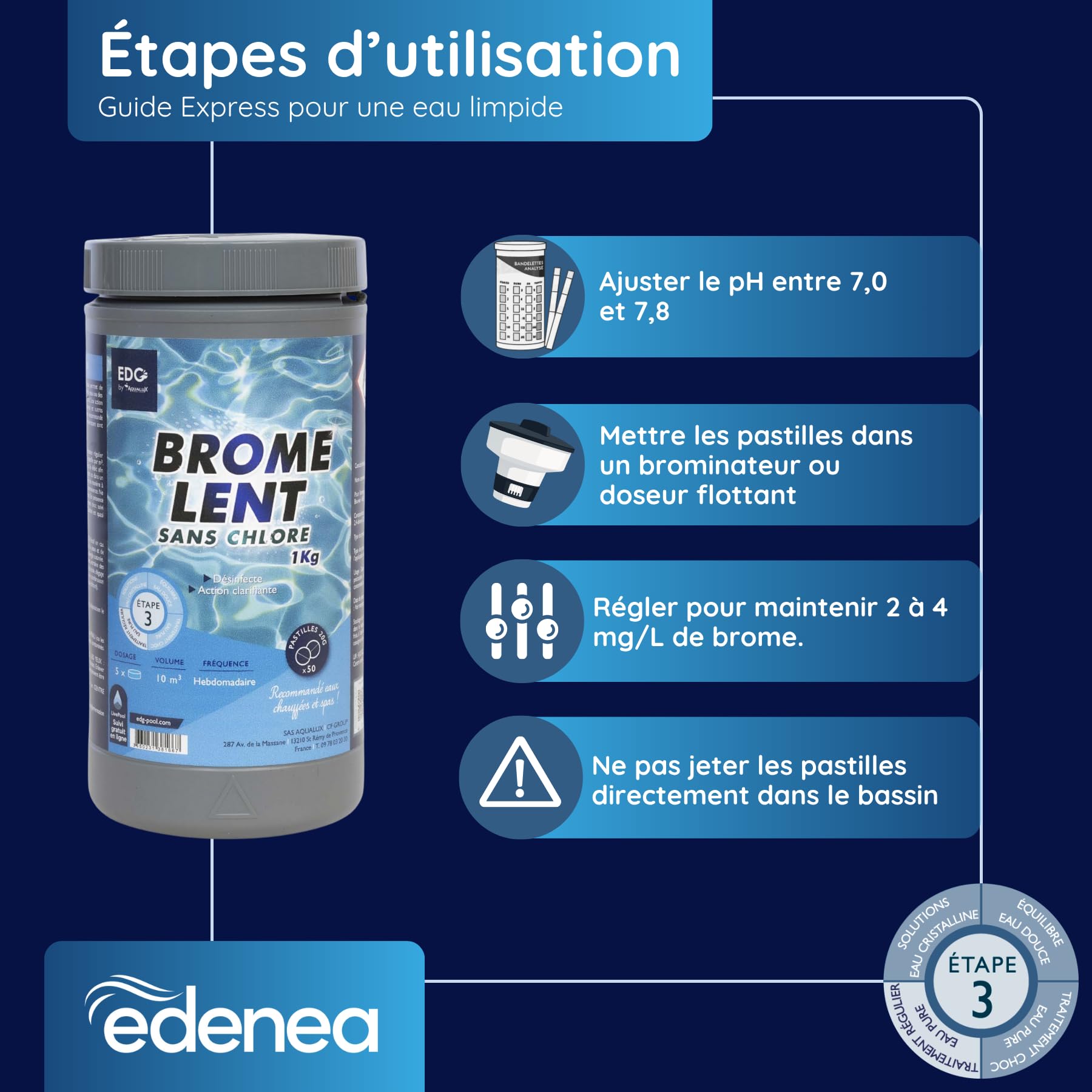 Brome Spa et Piscine - Pastille 20g - Boite 1 kg - Désinfection Lente et Permanente sans Chlore - Ce Produit est destiné au Grand Public
