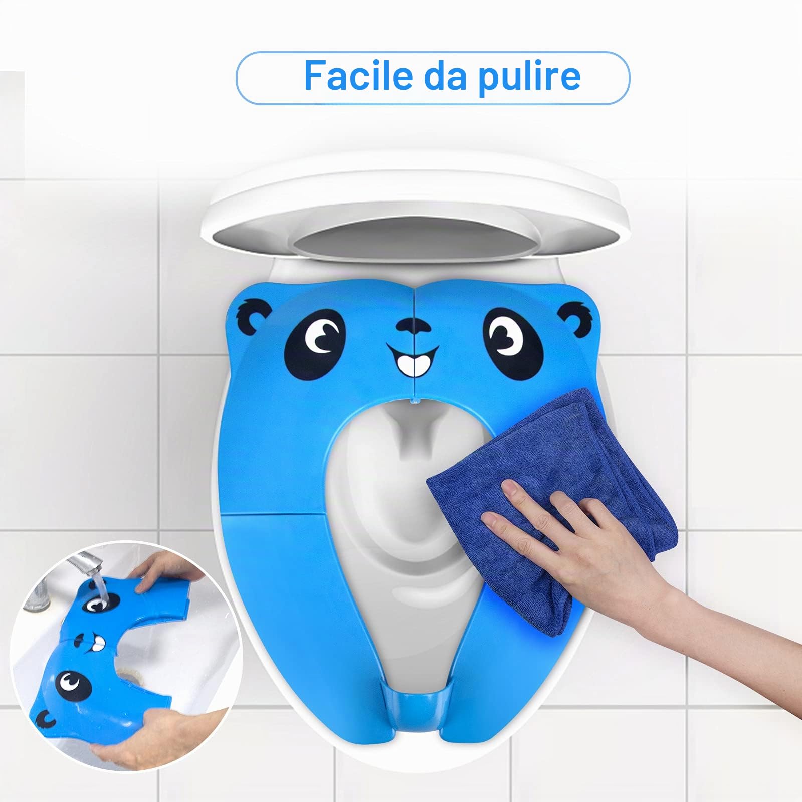 Riduttore Water Bambini Vasino per Bambini, WC Riduttore Toilette Sedile, Vasino Portatile da Viaggio Sedile con 8pcs Cuscinetti Antiscivolo e 1 Borsa per il Trasporto, Panda Blu