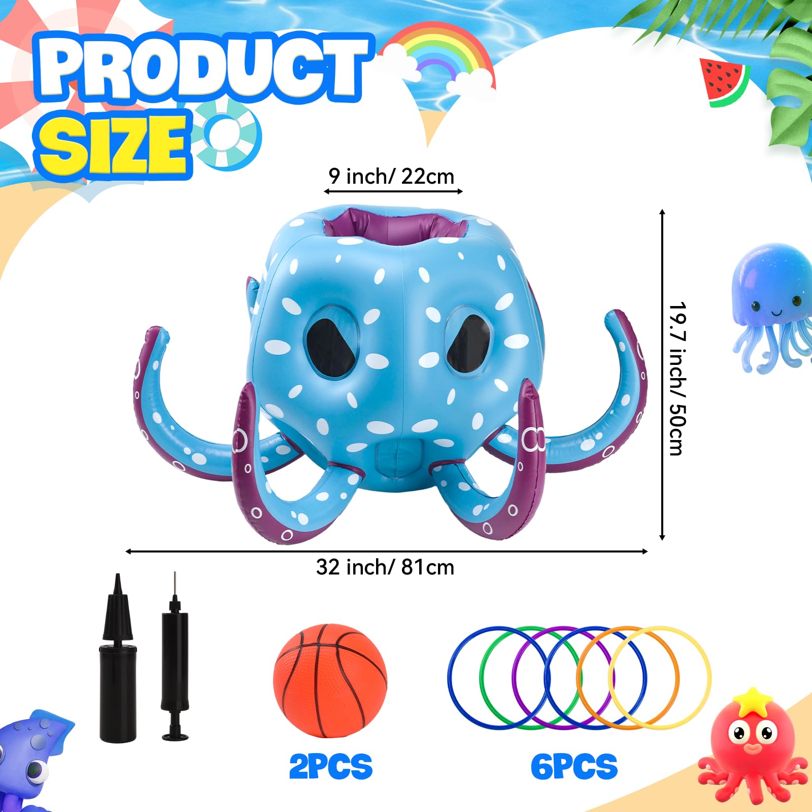 Pieuvre Gonflable pour Piscine 80cm, 2 en 1 Jeu d'eau Flottant Gonflable, Panier de BasketGonflable & Jeu de Lancer d'Anneaux, Jouet de Piscine Flottant pour Enfants et Adultes
