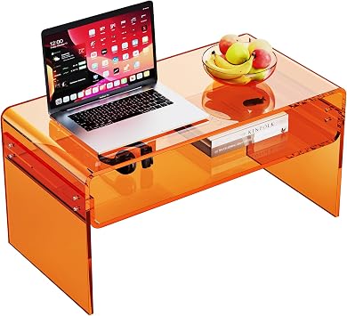 Acrylic Coffee Table for Living Room Clear Rectangle Lucite Table with Open Storage Shelf 1, Orange, Nomal
