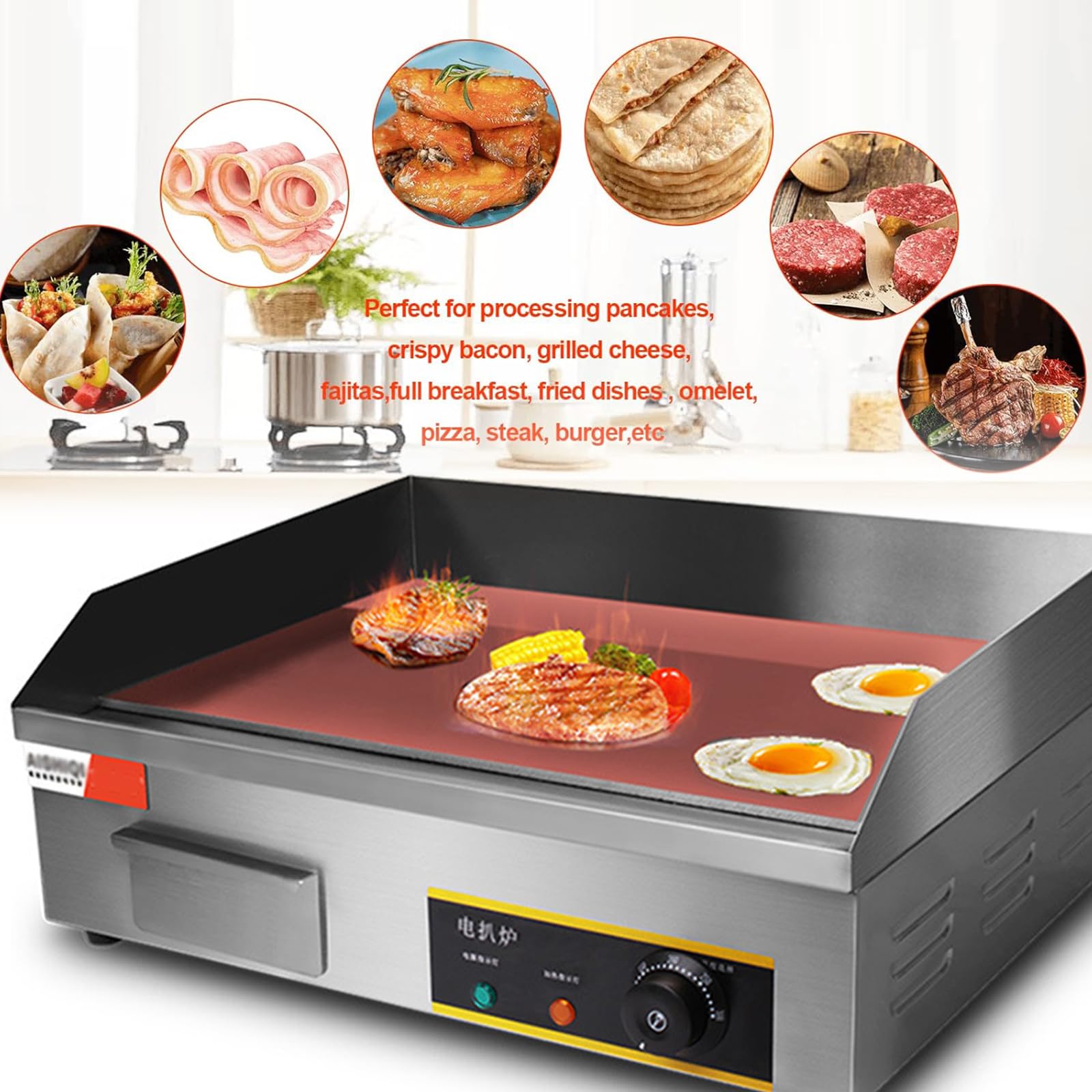 2900W 21.6Inch Piastra Elettrica Professionale Barbecue Griglia da Banco in Acciaio Inox Piana Antiaderente Controllo Termostatico Regolabile per Casa O Luoghi Commerciali