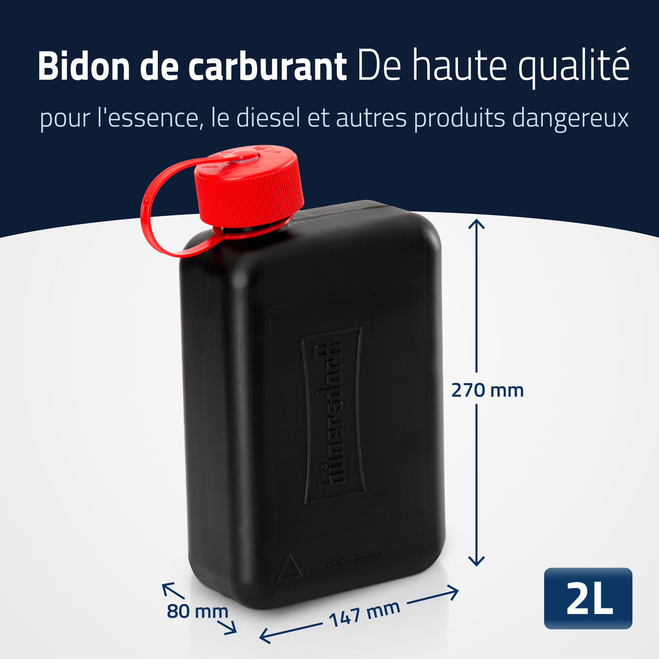 hünersdorff Bidon de carburant standard de 2 l pour petites voitures et véhicules hybrides, HD-PE, fabriqué en Allemagne, production certifiée TÜV, noir