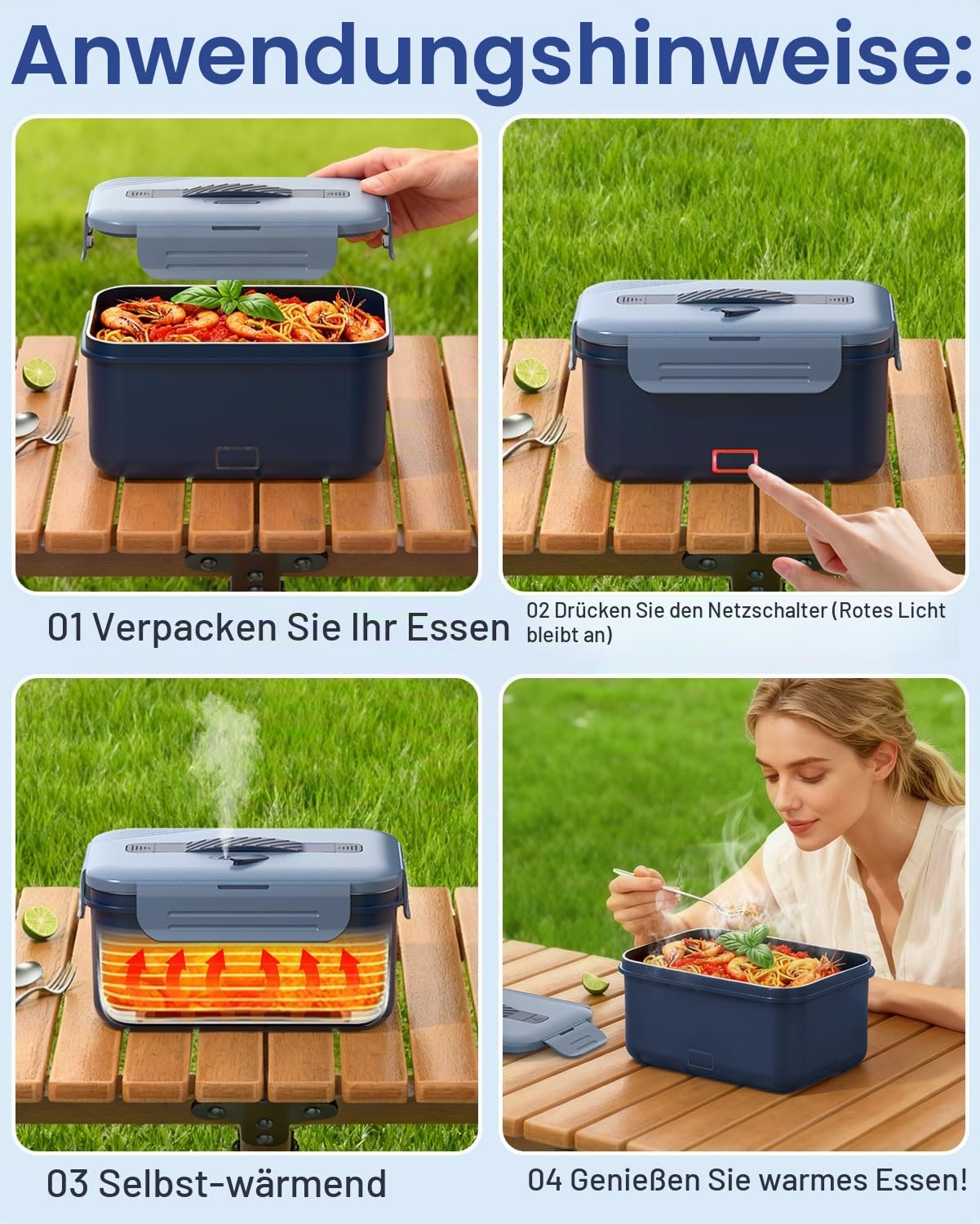 1,8L Elektrische Lunchbox Kabellos, 8000mAh Wiederaufladbare Batterie Heated Lunch Box, 75W Schnellaufhezung & Warmhaltefunktion,Selbstaufwärmende Lebensmittelwärmer für Auto,LKW,Büro,Camping,Outdoor