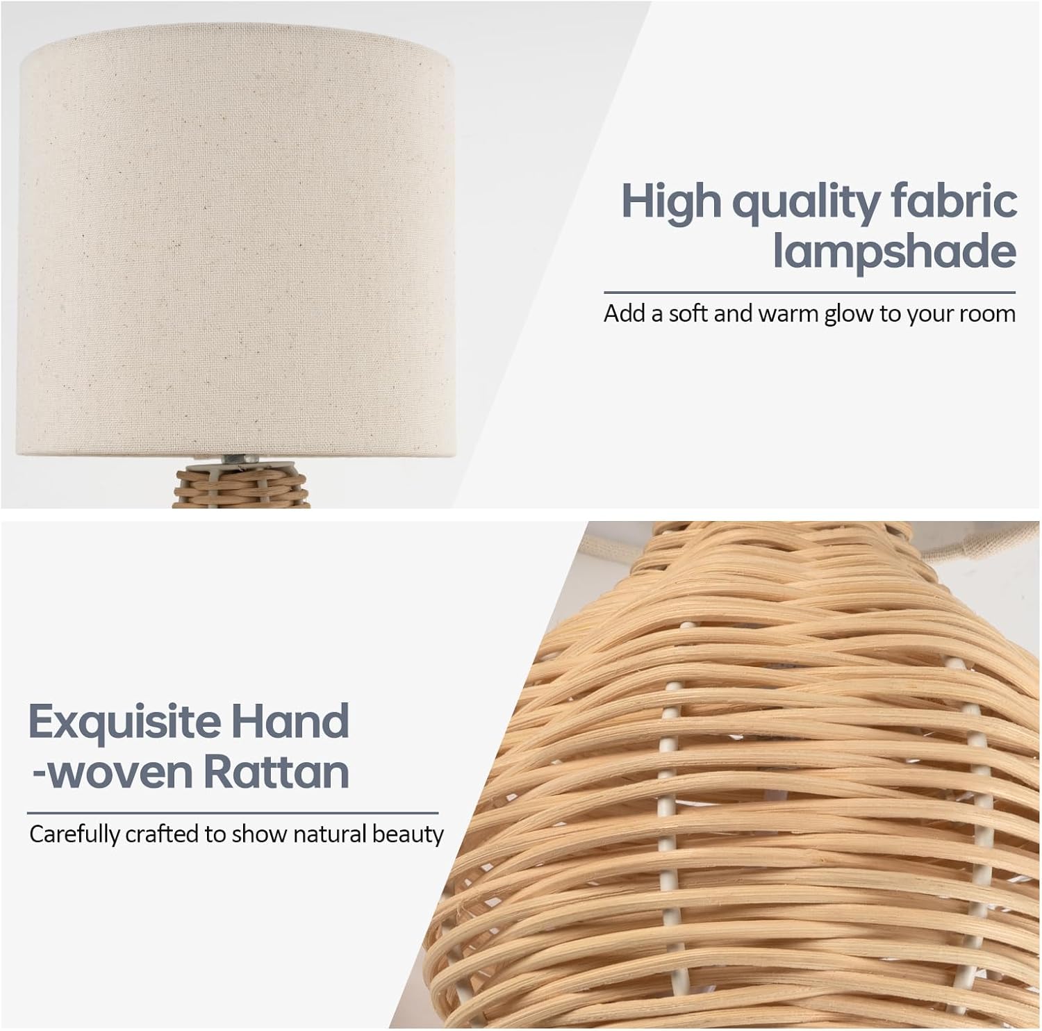 Rattan Table Lamp, Vintage Wicker Wooden Nightstand Lamp Set of 2, Boho Bamboo Woven End Table Lamp for Bedroom Living Room Desk Room