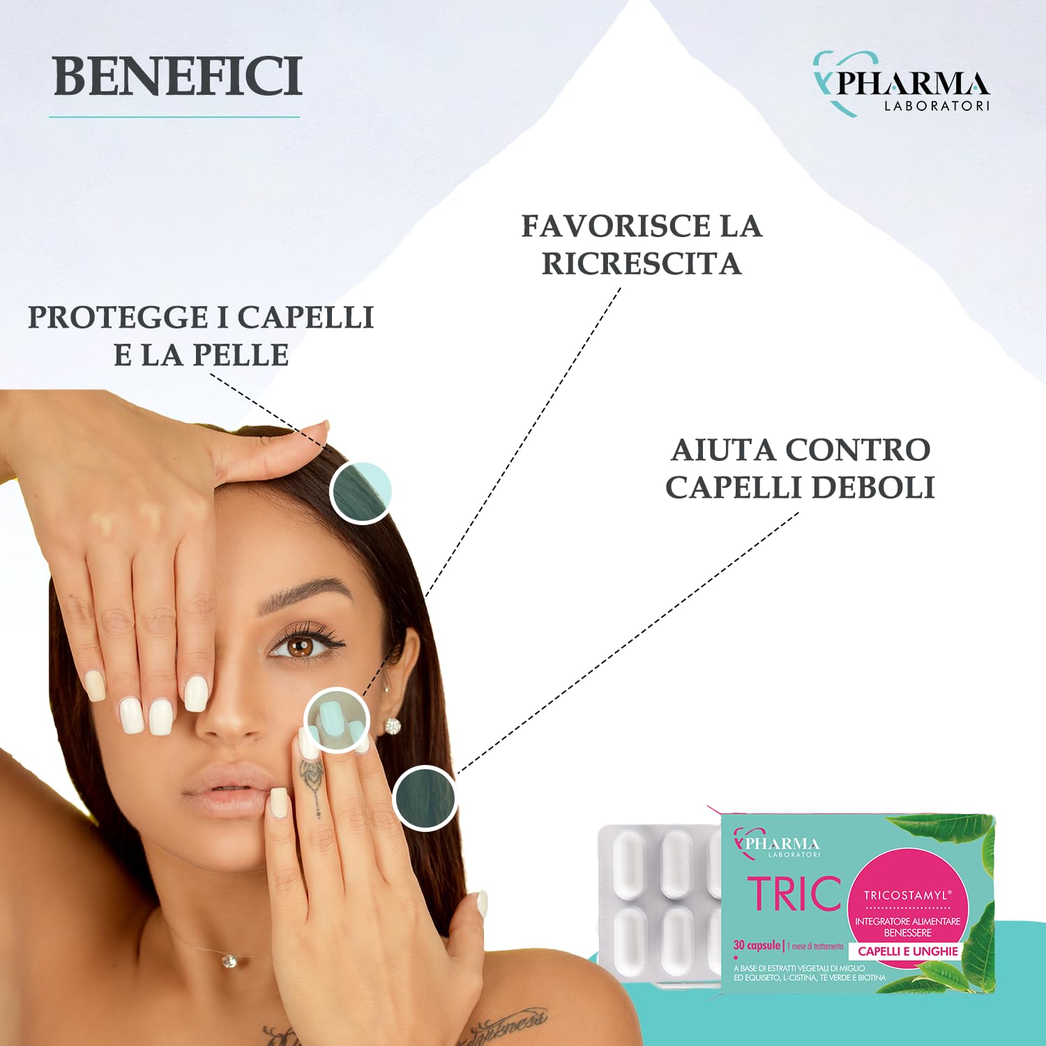 YPHARMA Integratore Tricostamyl Capelli e Unghie 90 Capsule per la Salute di Pelle, Capelli e Unghie con Biotina, Zinco, Estratto di Miglio e Estratto di Equiseto