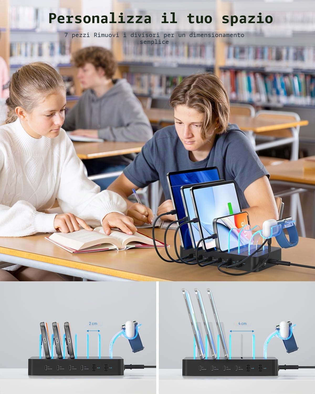 SooPii 90W Stazione di Ricarica a 6 porte Caricatore USB con ricarica rapida USB C PD da 20W, supporto 2 in 1, 6 cavi corti inclusi per lPhone, lPad, tablet e altri dispositivi elettronici, nero