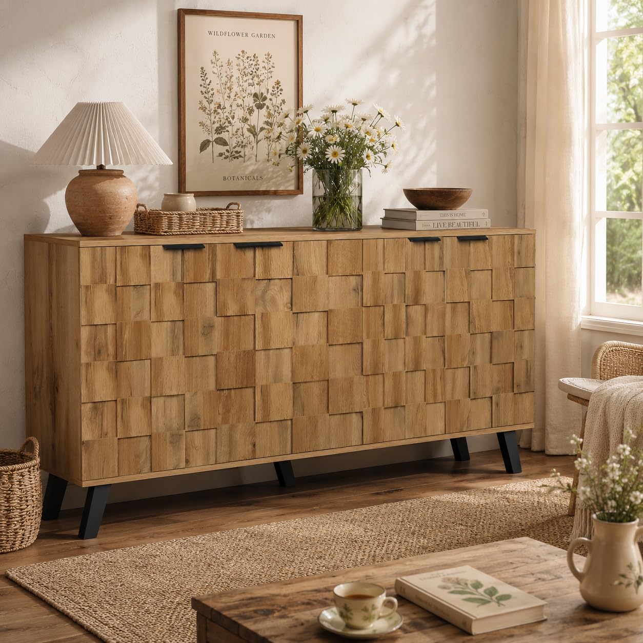 160 cm Aparadores para Salon con 2 Puertas, Aparador Cocina con Encimera, Armario de Almacenamiento para Salón Pasillo Cocina Sala, Color Natural, 160.5x35.5x78cm