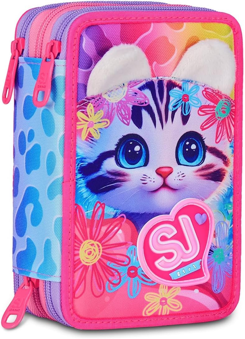 School Pack Zaino Estensbile con Astuccio 3 Scomparti, Per Seven Sj Fan, Orecchie Sollevabili Cat&Air, Bambina, Pennarelli, Pastelli, Accessori
