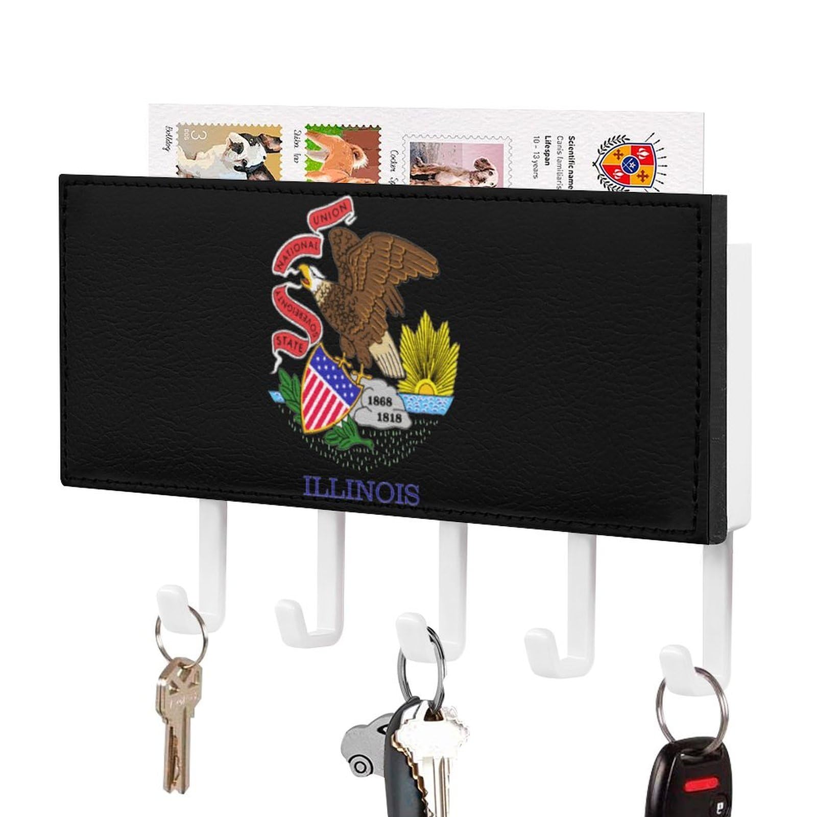 NCLQVJXZKHW Illinois State Flag Key Holder with 5 Hooks Key Hooks Wall Mounted Key Racks Key Hanger Organiser Shelf