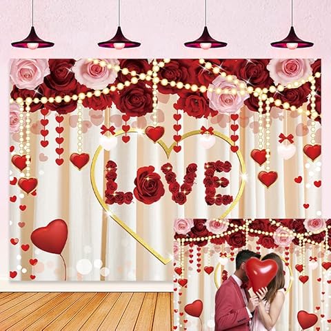 7x5FT Valentine Backdrop Red Rose Love Golden Heart Valentine's Day Background for Photography Curtain Heart Decoration Galentine's Day Photo Props Cover
