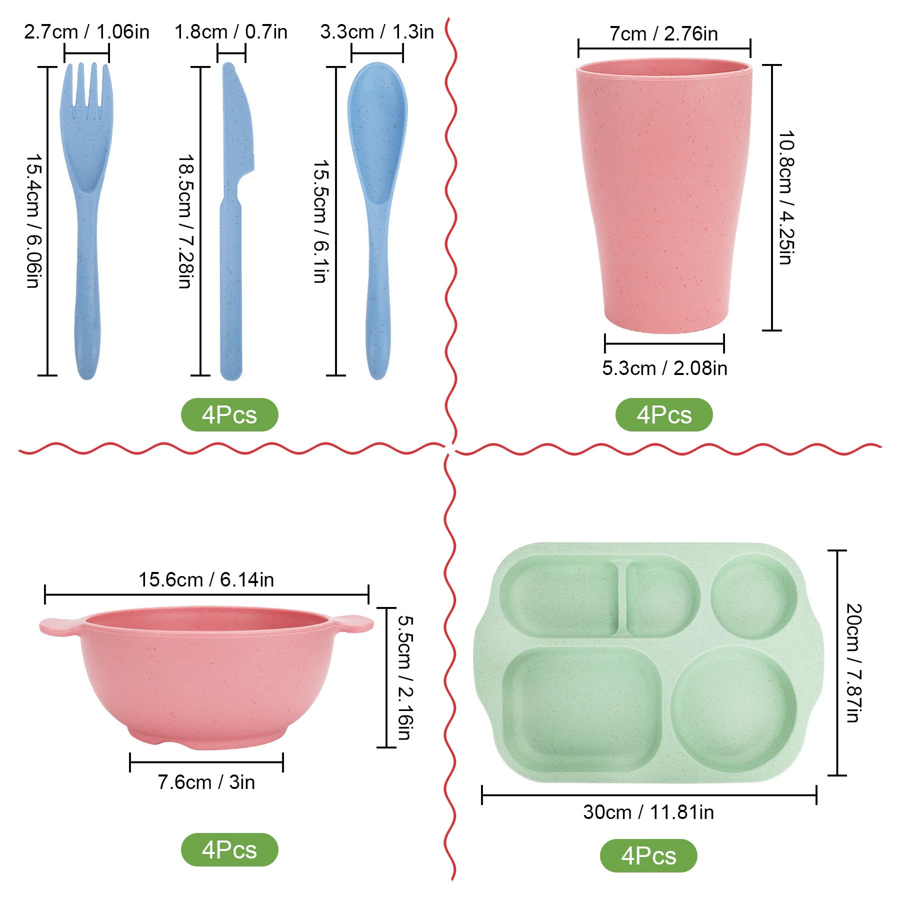 Ensemble de vaisselle incassable pour 4 personnes, 24 pièces d'assiettes divisées en plastique, ensemble de couverts, ensemble de vaisselle réutilisable pour adultes, enfants, école, bureau, fête