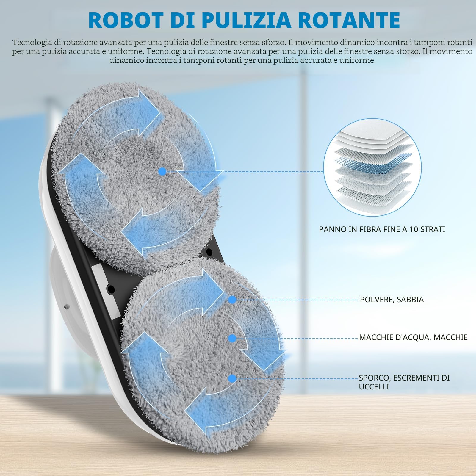 Robot lavavetri, 5800 Pa Robot Lavavetri Finestre con Telecomando, Navigazione Intelligente e Rilevamento dei Bordi, Sistema di Sicurezza, 10 Panni per la Pulizia, per Tutte le Superfici Lisce