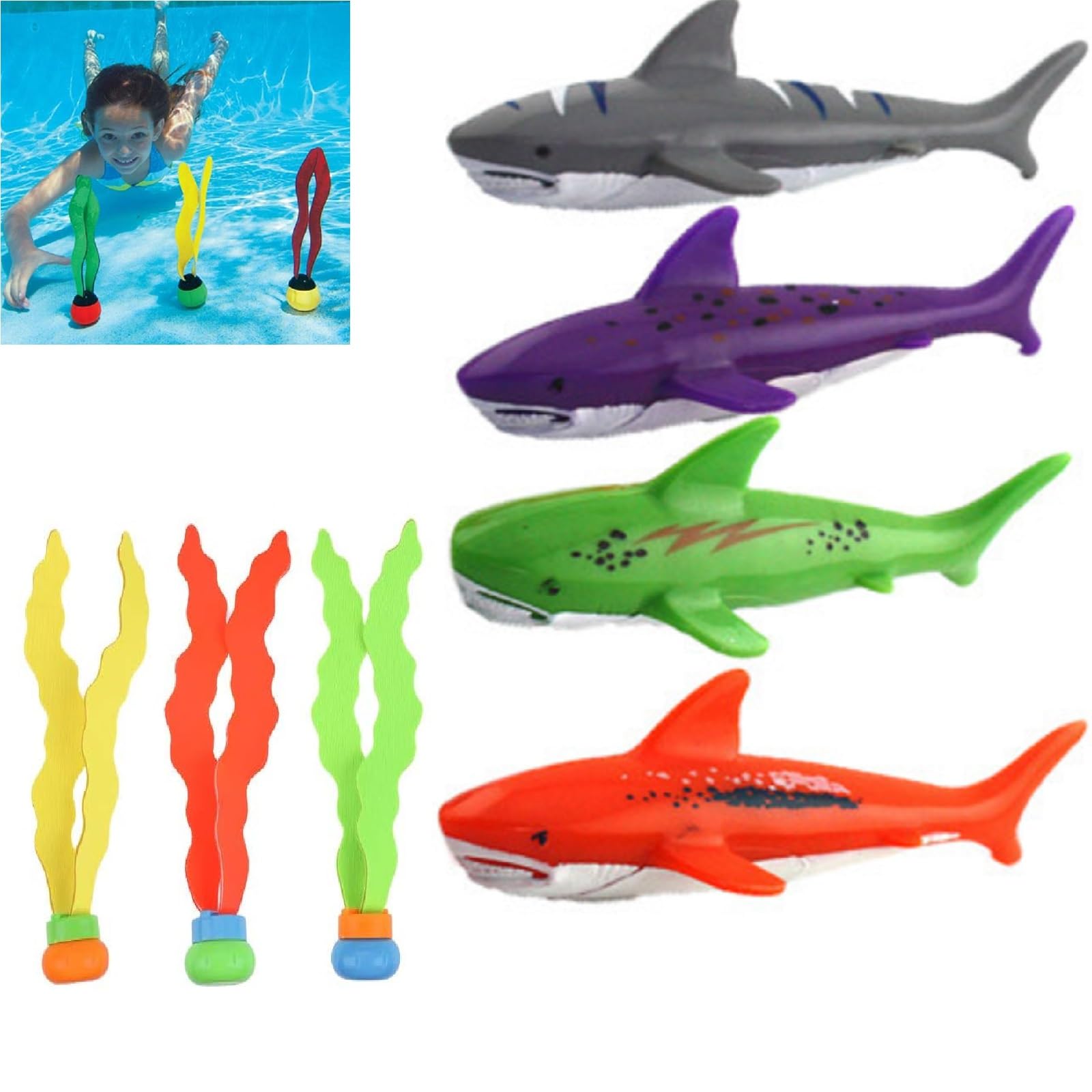 Juguetes de Buceo Conjunto para Niños,Juguetes de Buceo en Piscina,Juguetes para Nadar Bajo el Agua Conjunto,Juguetes de Piscina,4 Tiburón,3 Algas Marinas,para Piscina Natación SubacuáticaVerano Juego