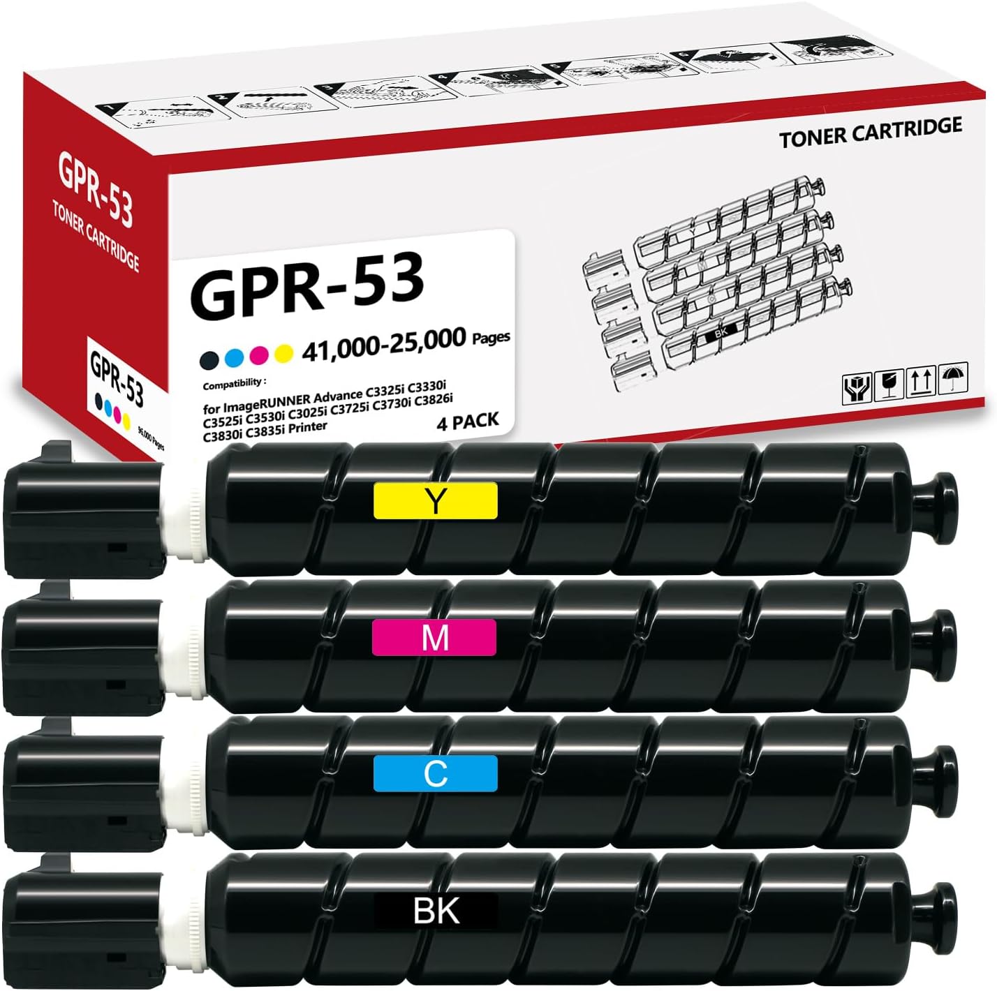 GPR-53 GPR53 GPR 53 Toner Cartridge High Yield Compatible for ImageRUNNER Advance C3325i C3330i C3525i C3530i C3025i C3725i C3730i C3826i C3830i C3835i Printer Black, Cyan, Magenta, Yellow 4 Pack