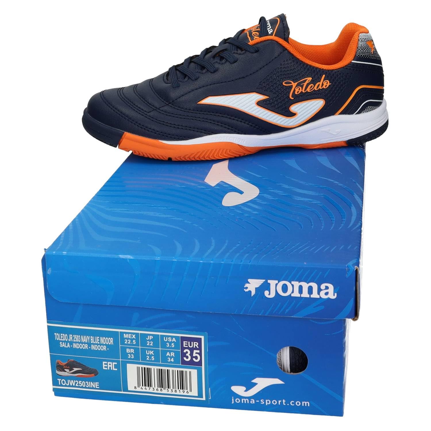 Joma TOJW2503INE Calzado fútbol Sala Indoor Azul Marino y Naranja, Ligera, Suela Durability, Plantilla extraíble y Antideslizante NIÑO Deportivos
