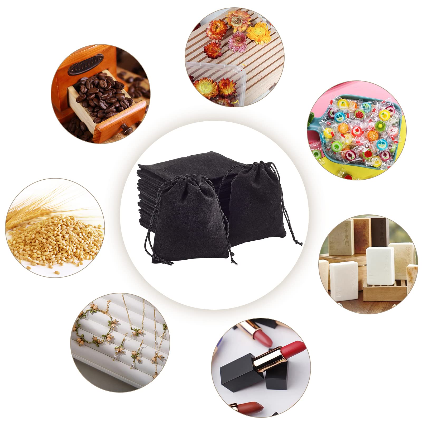 NBEADS Borsa per Gioielli, 100 Pezzi in Velluto Borsa con Coulisse in Tessuto per Bomboniere per Feste Regalo, Nero, 8,5X7 cm