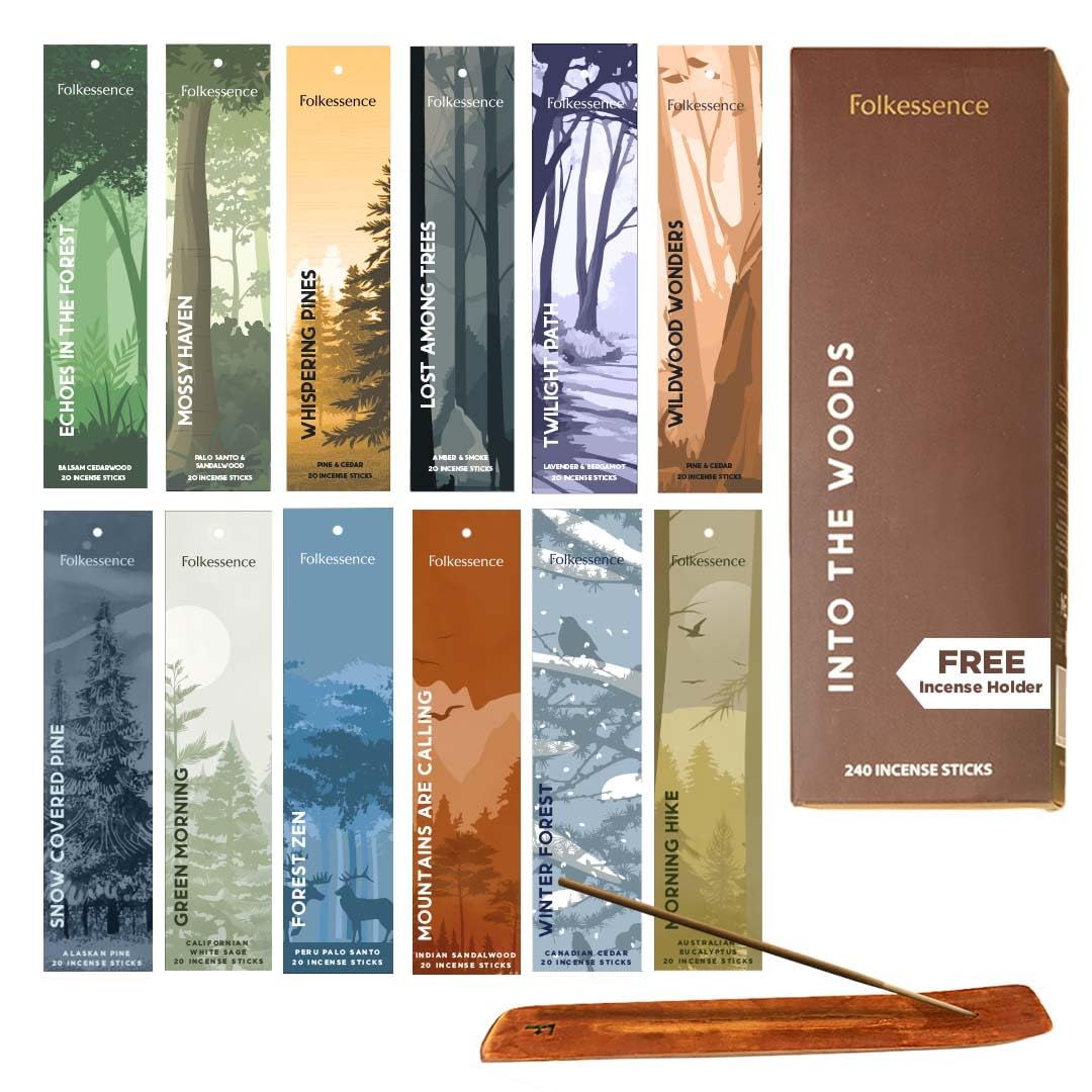 Folkulture Women's Into The Woods Incense Sticks (240 Sticks) | Set Of 12 Premium Incense Sticks Variety Pack Aromatherapy Gifts | No Charcoal, Organic, Non Toxic, 45 Mins, Long Burning Palo Santo, Sandalwood Insence-Sticks