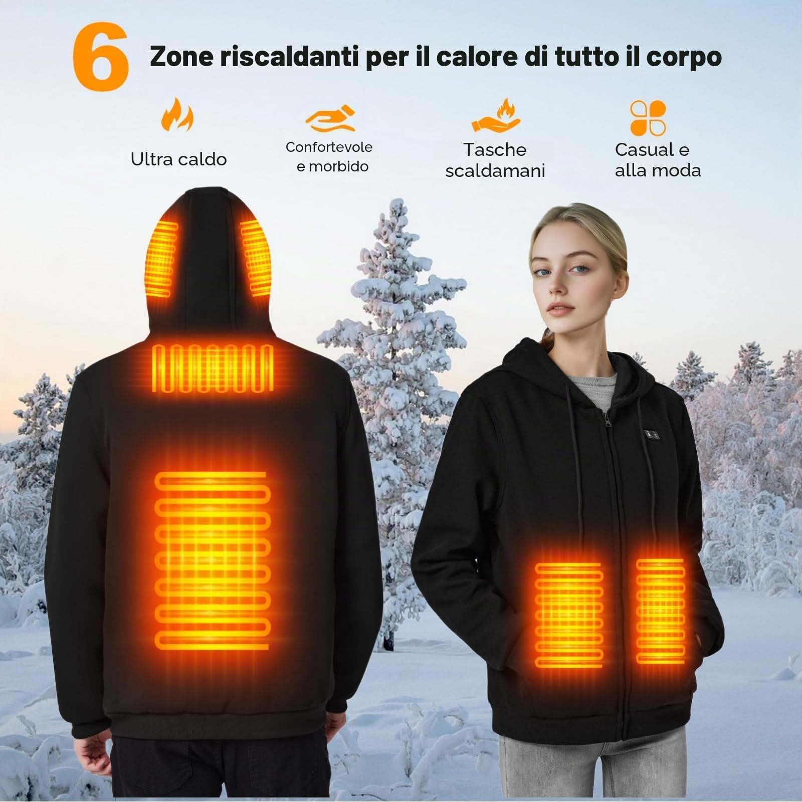 Felpa Riscaldata Cappuccio con Batteria 16000mAh per Uomo Donna, Giacca Elettrica con 6 Zone di Riscaldamento, 3 Livelli di Temperatura, Felpa Termica per Escursionismo, Caccia, Campeggio