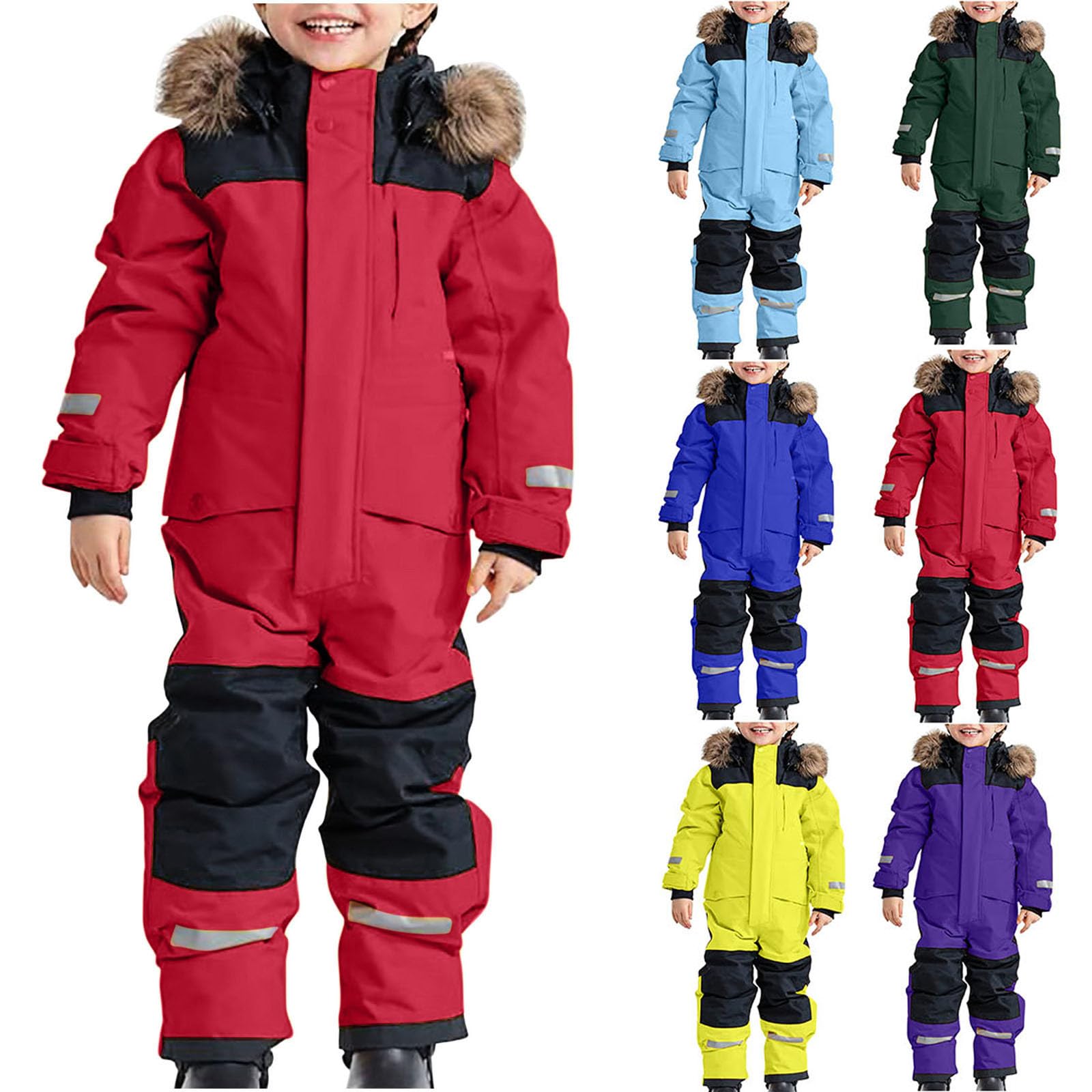 Schneeanzug Kinder Unisex Skioverall Fleece Wasserdicht Schneeoverall mit Kapuze Skianzug Winddicht Winter Daunenjacke Verdickt Atmungsaktiv Skihose Warmes Outdoor Winteranzug