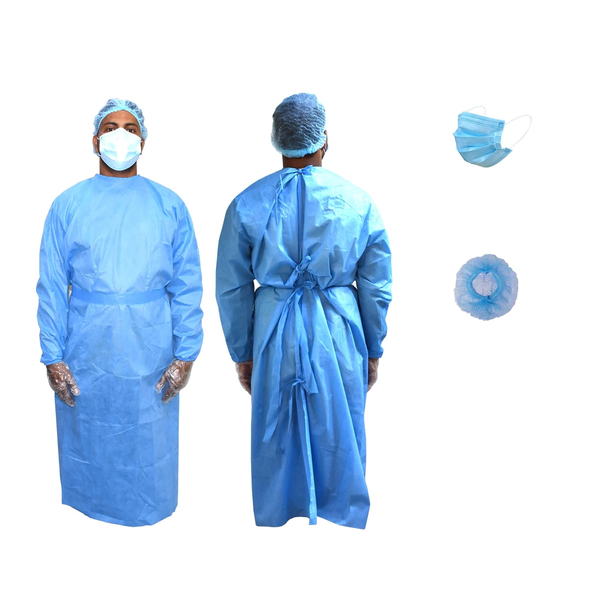 Dr Wonder 40GSM Coverall Blue Suit/Disposable Surgical Isolation Gowns with Elastic Cuff with 3 Ply Face Mask, Head Cap