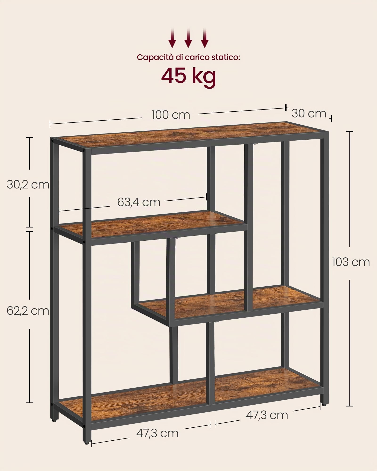 VASAGLE Libreria, Scaffale a 4 Ripiani, 30 x 100 x 103 cm, Scaffale Autoportante, per Soggiorno, Ufficio, Camera da Letto, Cucina, Marrone Vintage e Nero Inchiostro LLS134B01V1