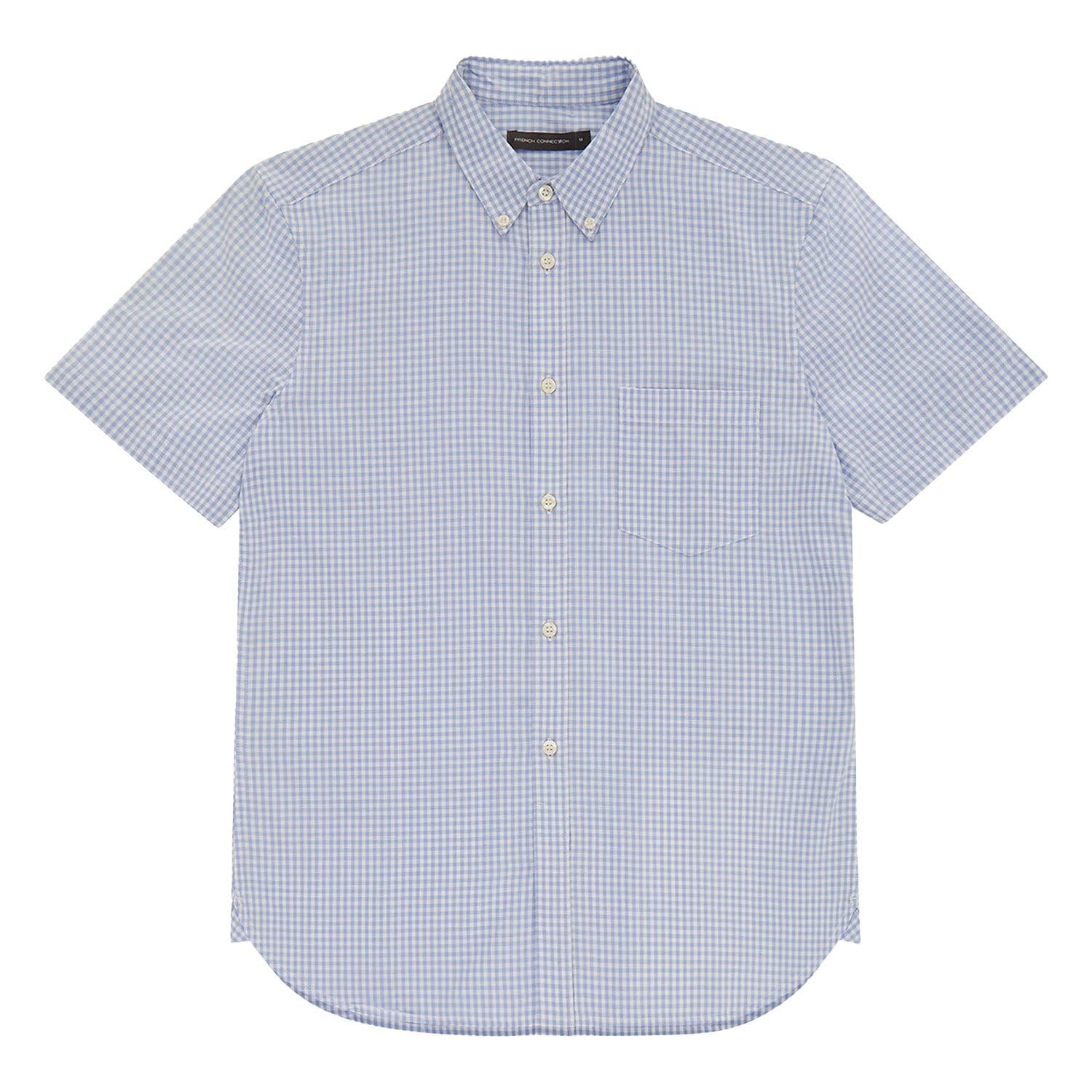 French Connection Men's Sky Gingham Gingham Pocket Short Sleeve Shirt Large (Blue)