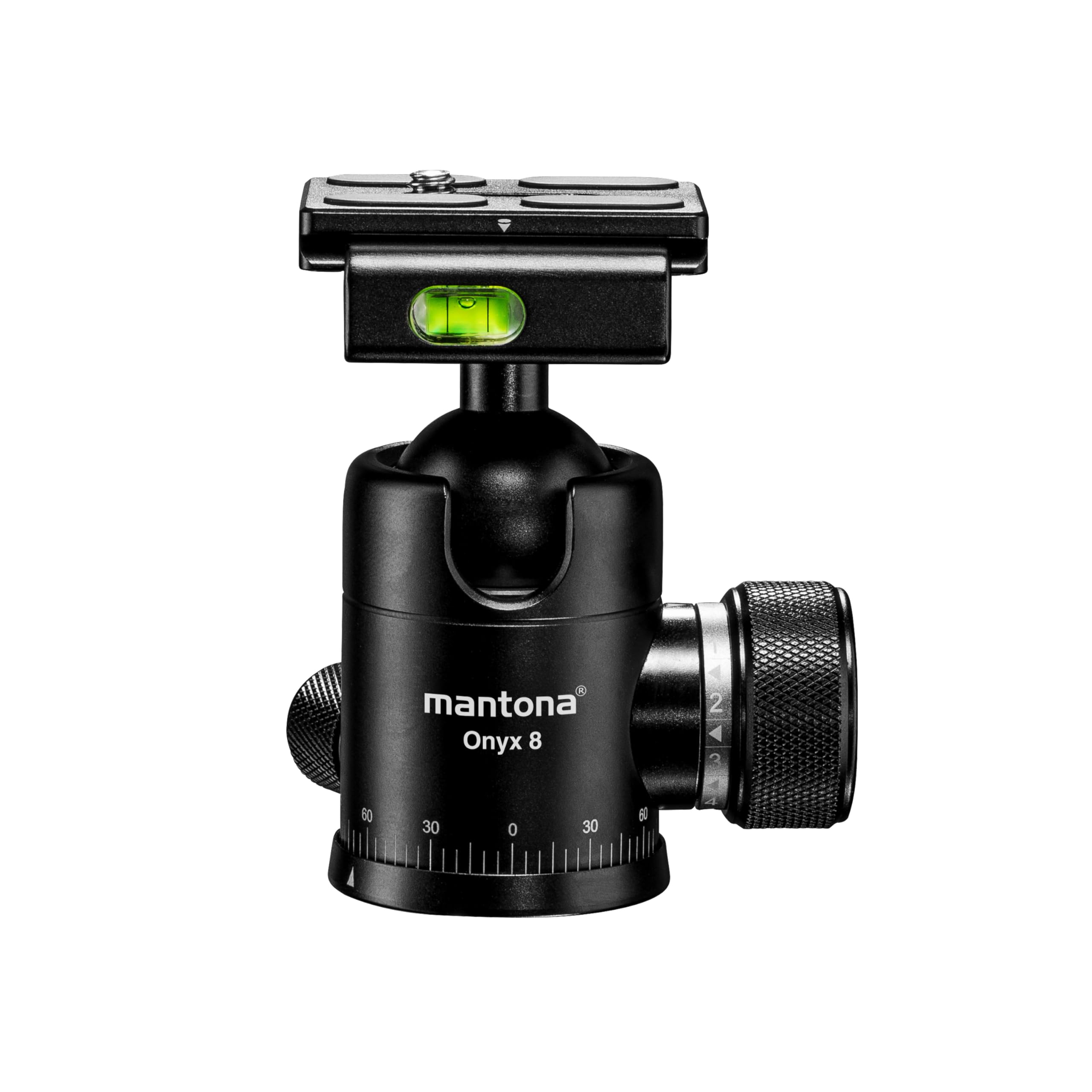 Mantona Onyx 8 Kugelkopf (M1-3008A), Stativkopf aus Aluminium mit Arca-Swiss kompatibler Schnellwechselplatte 50 mm, 360° Panorama-Funktion & 3 Wasserwaagen