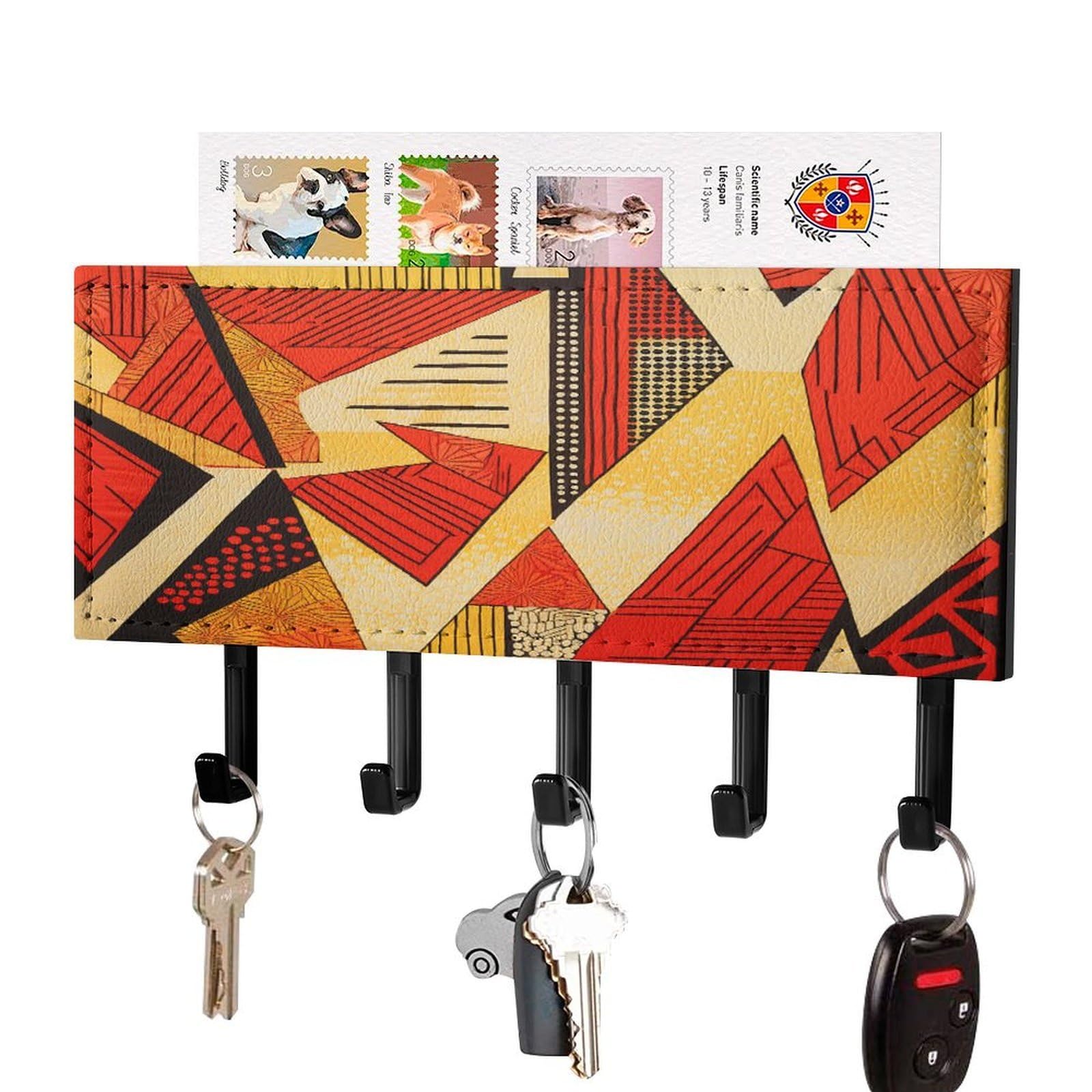 FekiLoot African Style Prints Key Holder Wall Mount Key Hanger with 5 Hooks Decorative Key Rack Hanging Key Hooks with Mail Organizer Key Holder for Wall Living Room Kitchen Bathroom Hallway Black