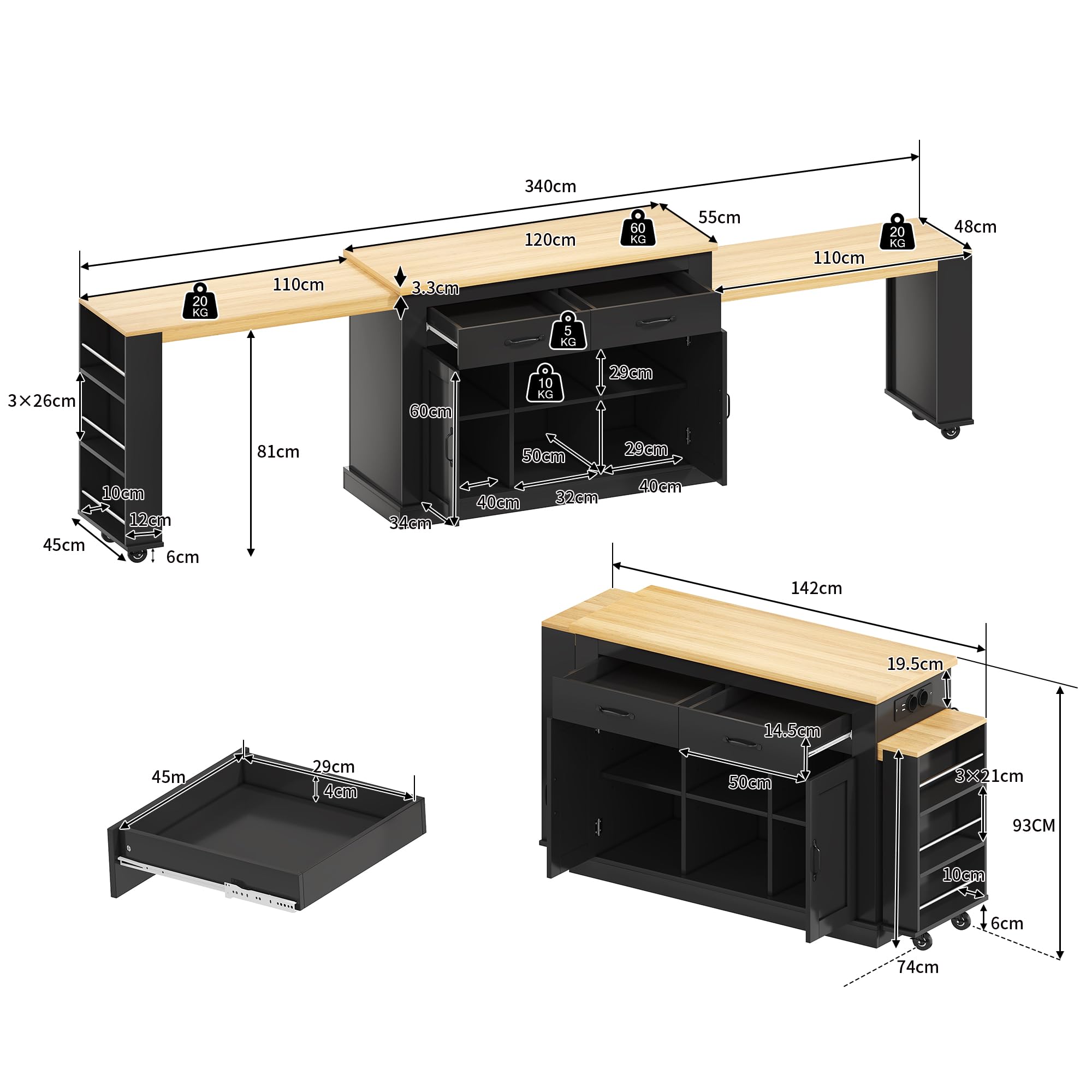 Isla de cocina móvil extensible negra 142-340 cm – Cocina independiente con encimera, enchufes y 2 mesas, mucho espacio de almacenamiento para familias grandes y loft