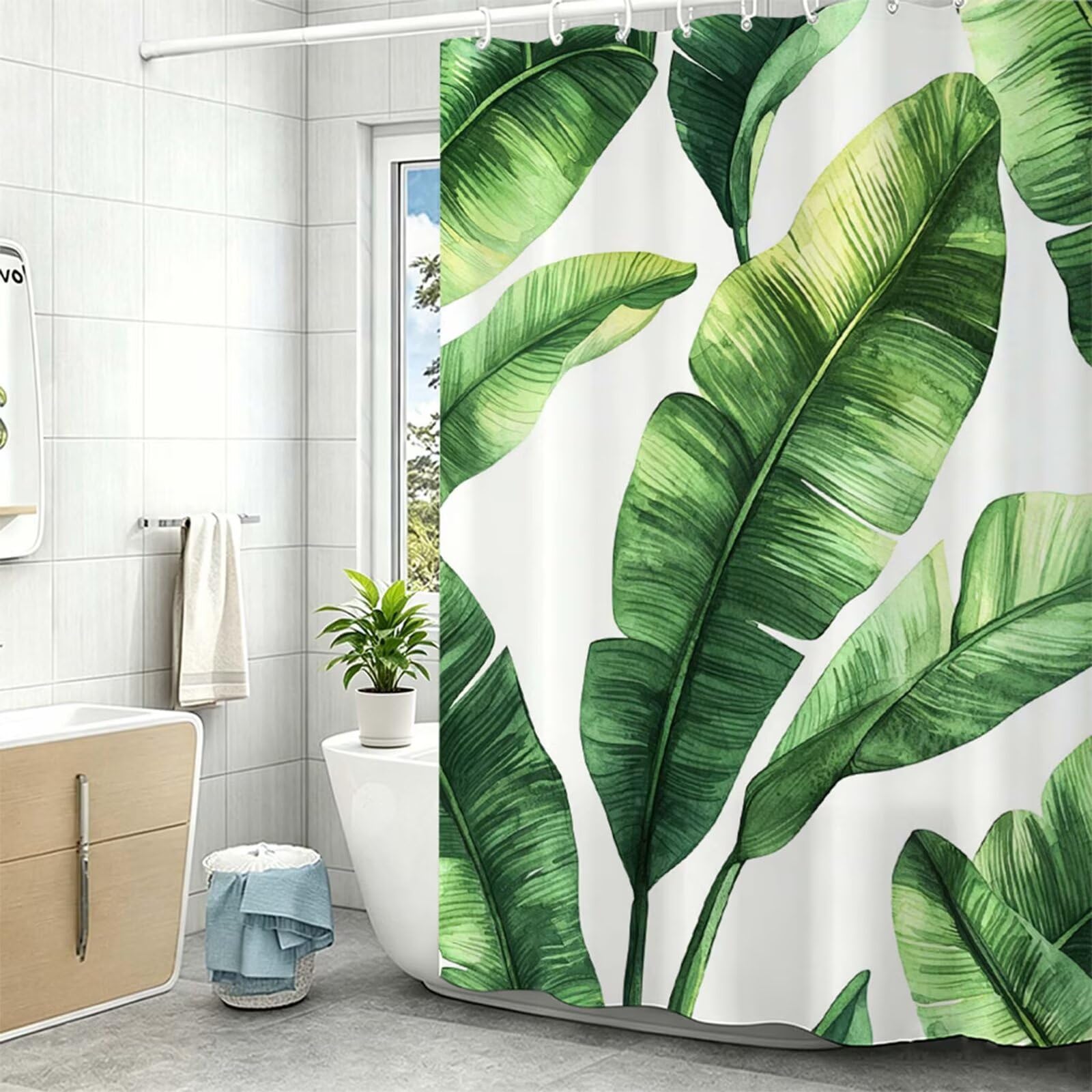 Tenda Doccia in Poliestere verde,Tende per Doccia Extra Lunga 180x240cm,pianta Tenda Vasca da Bagno Tessuto Lavabile,Impermeabile e Facile da Pulire,con 12 Ganci,Decorazione per Bagno,Hotel Z-432