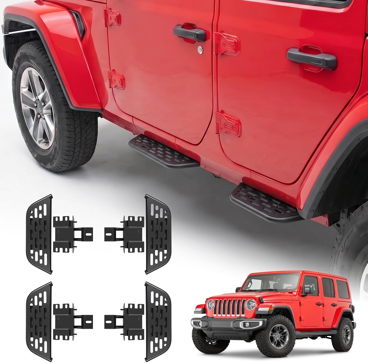 Running Boards Fit for 2018-2025 Jeep Wrangler JL, Steel Side Steps for 2020-2025 Jeep Gladiator, Front/Rear Door Steps for Wrangler JLU&Gladiator JT 4 Door Accessories (4 Door)