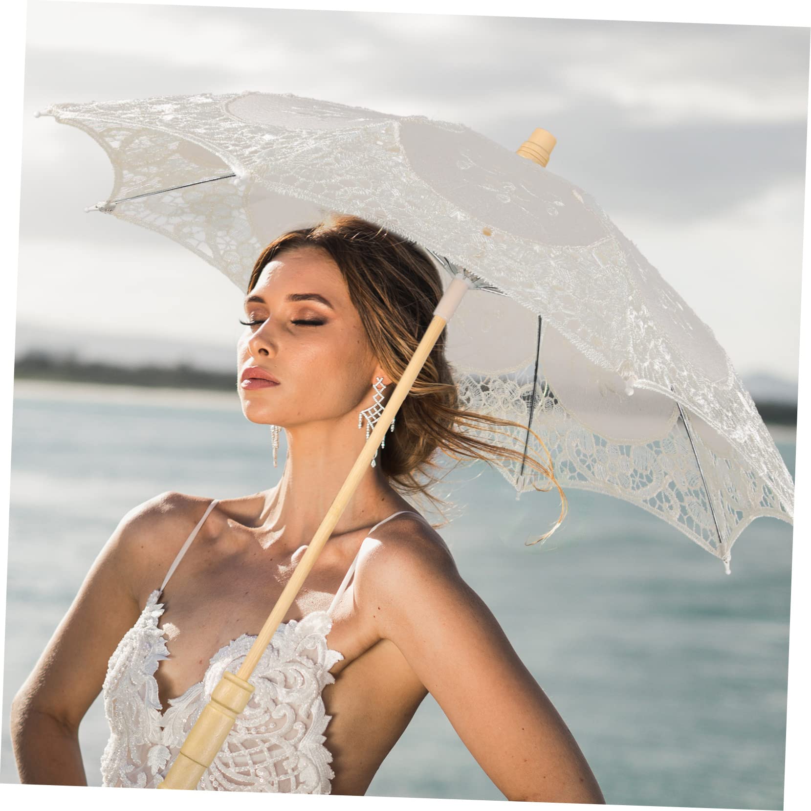 minkissy Hochzeits Lace Regenschirm für Fotografie und Dekoration Handgefertigter Parasol mit Zarter Spitze für Hochzeiten Kostümpartys und Bühnenaufführungen Beige Groß