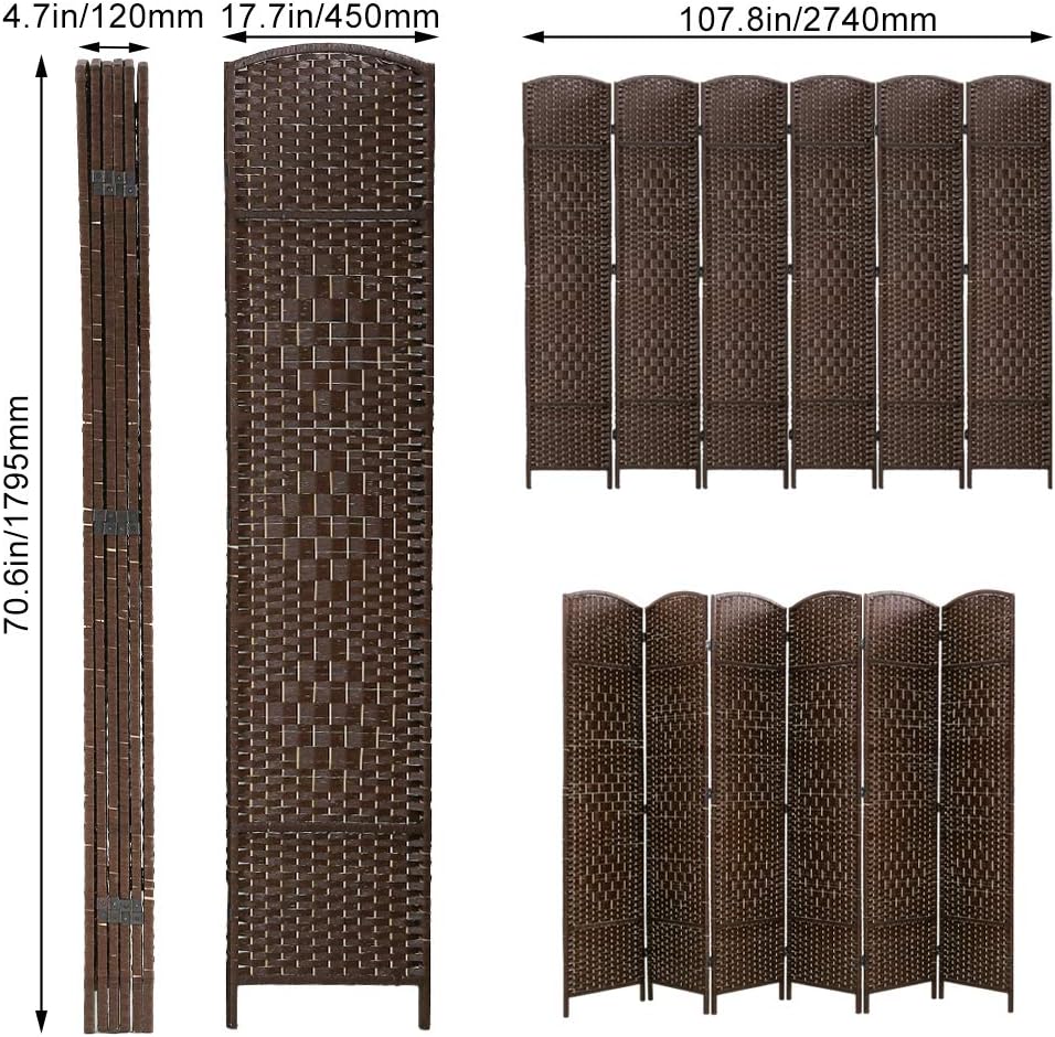 Room Divider 6 Panel Folding Privacy Divider 6 Ft Indoor Wall Divider Portable Partition Wood Screen, Brown