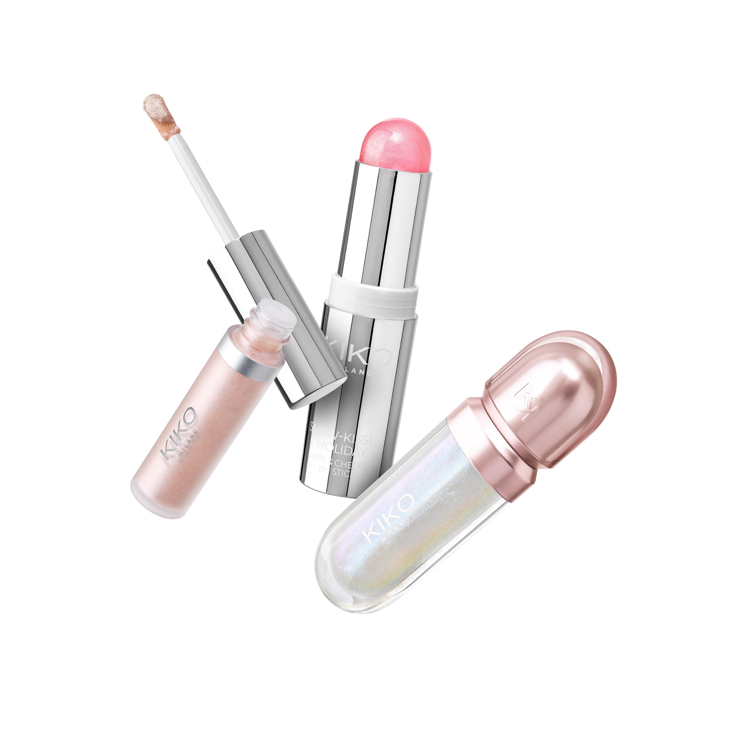 KIKO Milano Snow-Kissed Holiday Festive Besties Make Up Gift Set, Zestaw Upominkowy Do Makijażu: Sztyft Do Ust I Policzków, Cień Do Powiek W Płynie I Olejek Do Ust