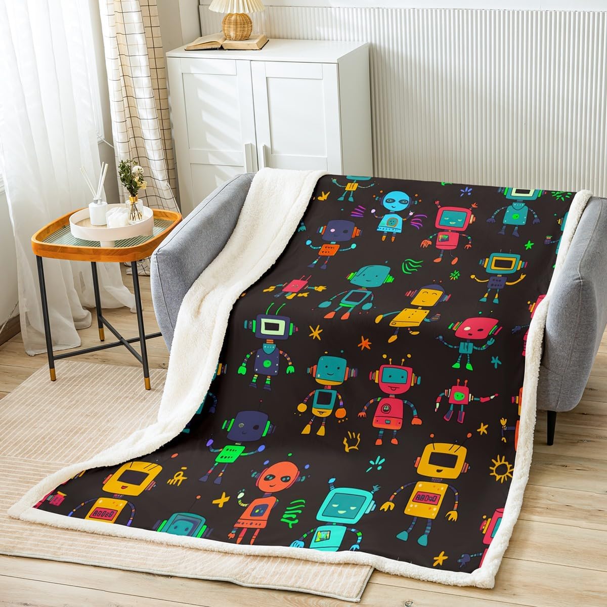 Erosebridal Kawaii Throw Blanket Cute Robots Fleece Blanket,Kids Boys Girls Watercolor Robot Blanket 50"x60" Modern Cartoon Super Robot Toddler Blanket,Colorful Kawaii Room Decor,Black