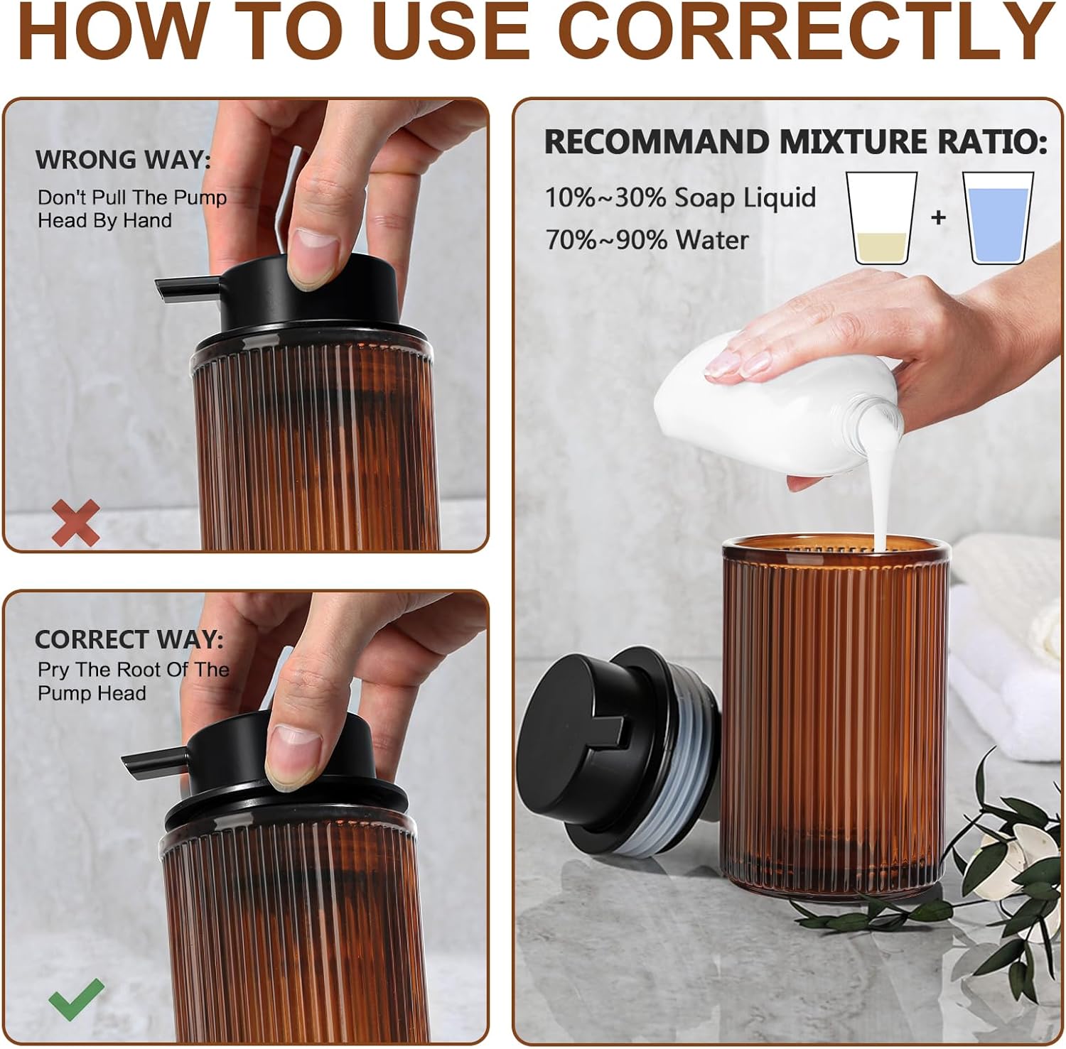 Amber Glass Foaming Soap Dispenser, Ribbed Foam Hand Soap Dispenser for Bathroom, 11 Fl Oz 2 Pack Refillable Foaming Pump Bottle with Black Pump, Modern Dish Soap Foam Dispenser