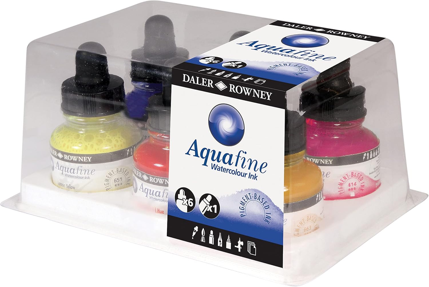 Daler-Rowney Aquafine Watercolor Ink 6-Color Intro Set - Versatile Liquid Watercolor Ink for Artists and Students - Use with Paint Brushes, Technical Pens, Airbrushes, and Paint Markers